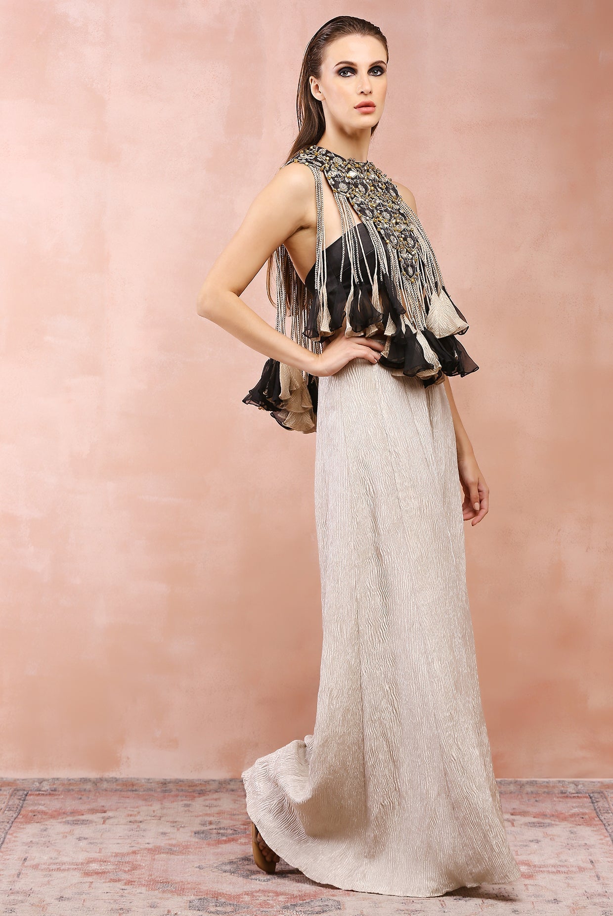 Black embroidered yoke with bustier and dull gold sharara