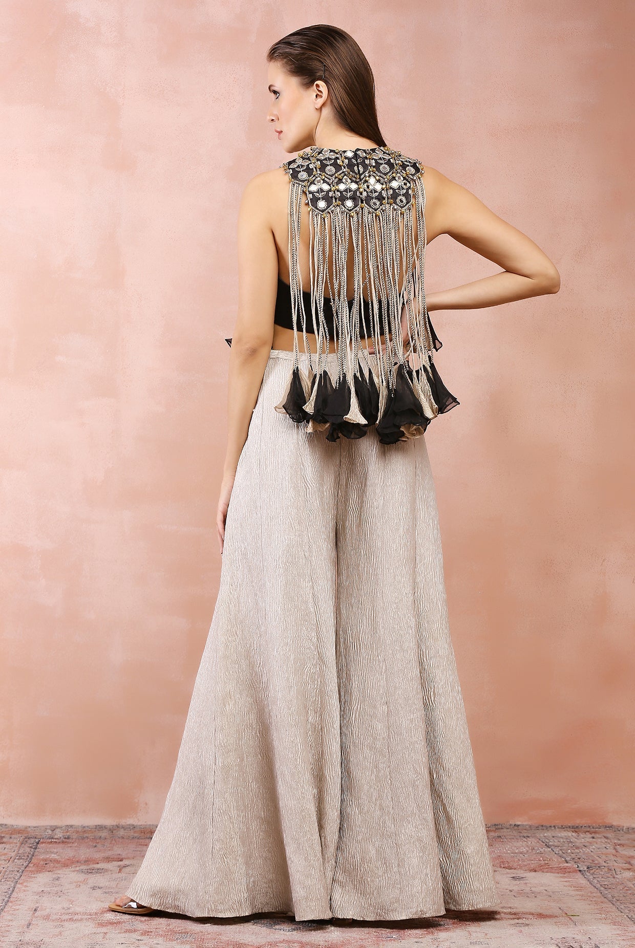 Black embroidered yoke with bustier and dull gold sharara