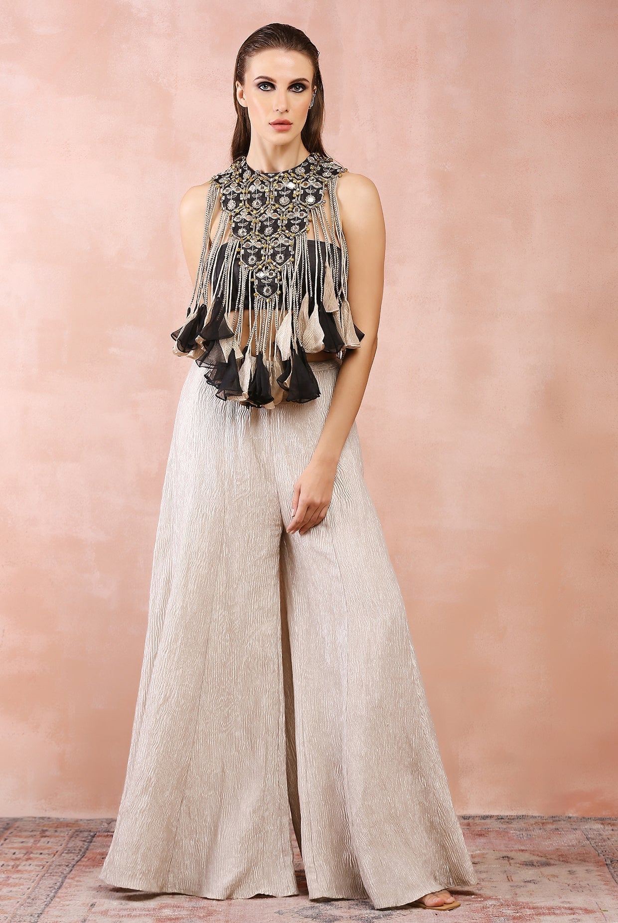 Black embroidered yoke with bustier and dull gold sharara