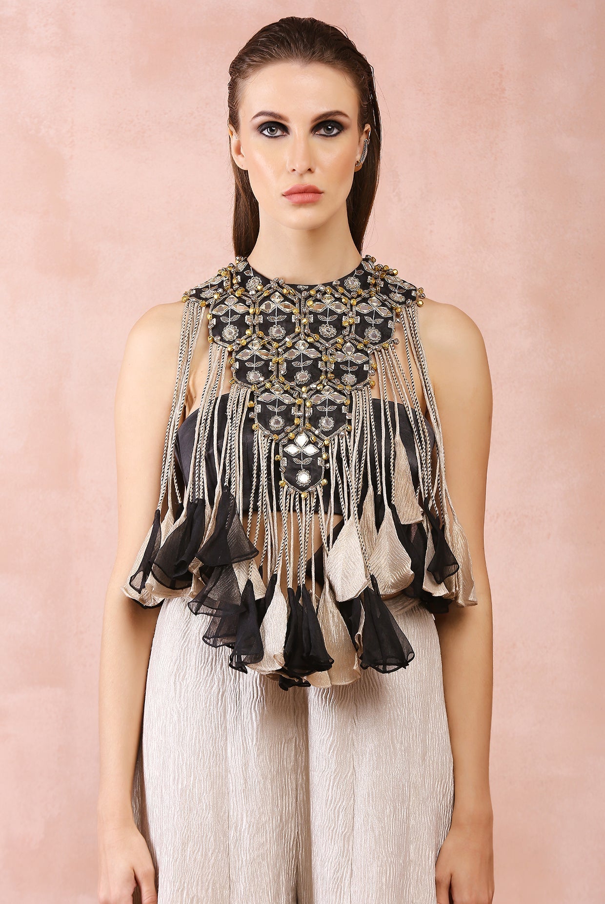 Black embroidered yoke with bustier and dull gold sharara