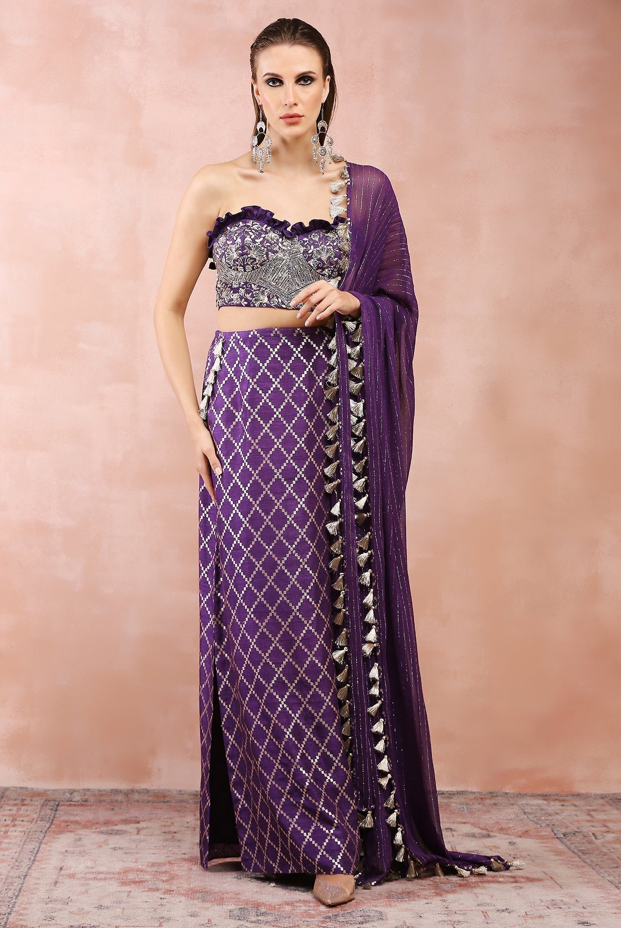 Purple embroidered corset bustier with chex skirt and dupatta