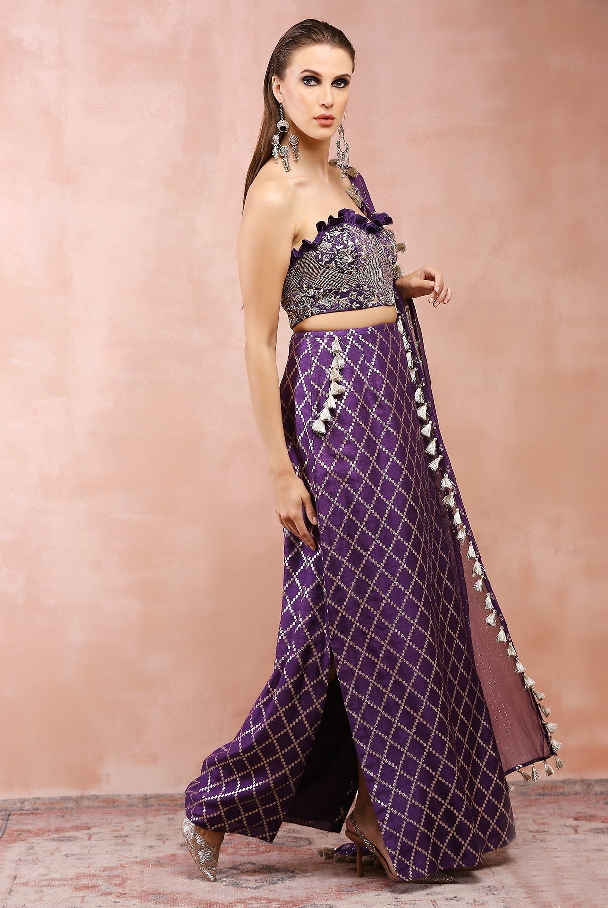Purple embroidered corset bustier with chex skirt and dupatta