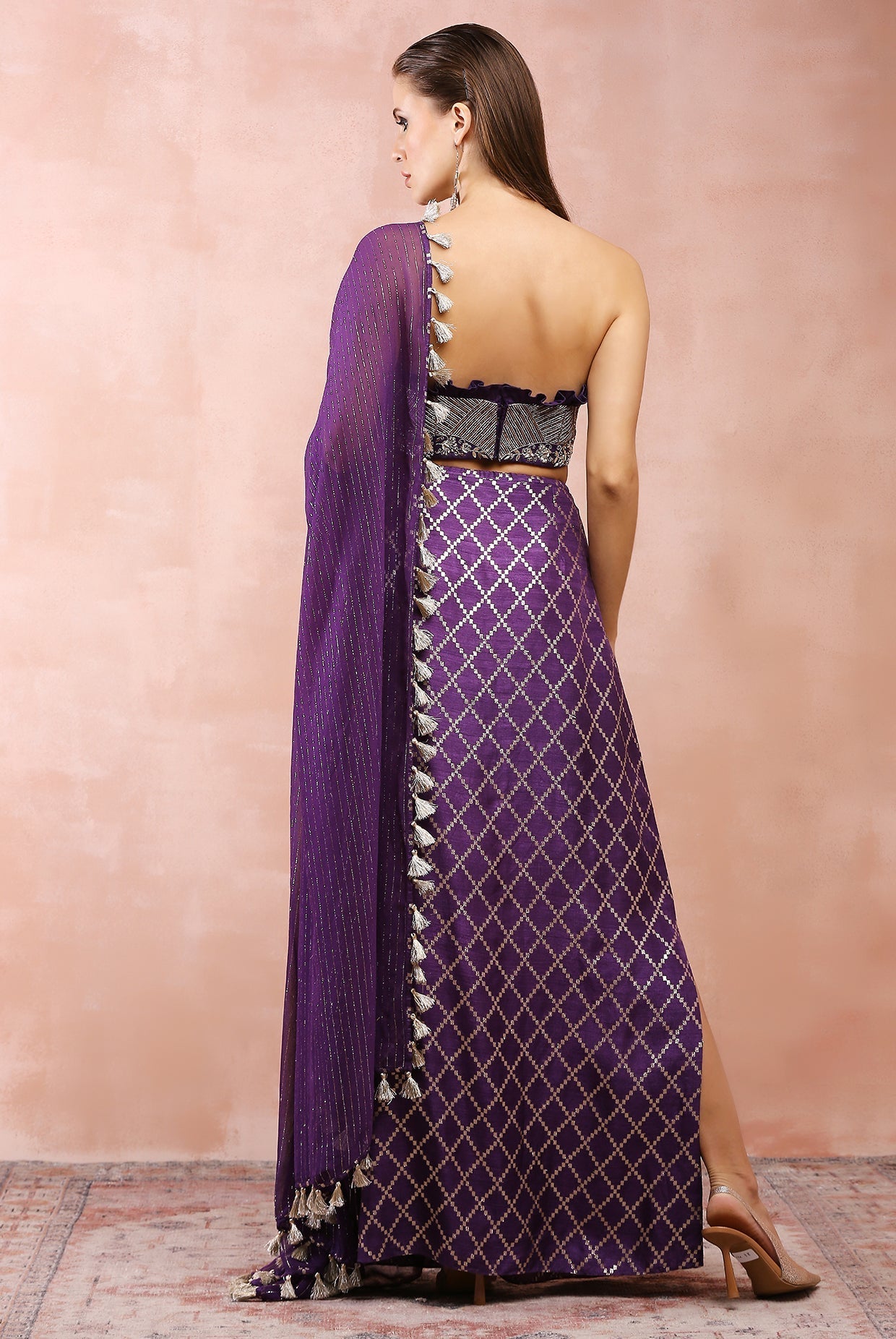 Purple embroidered corset bustier with chex skirt and dupatta