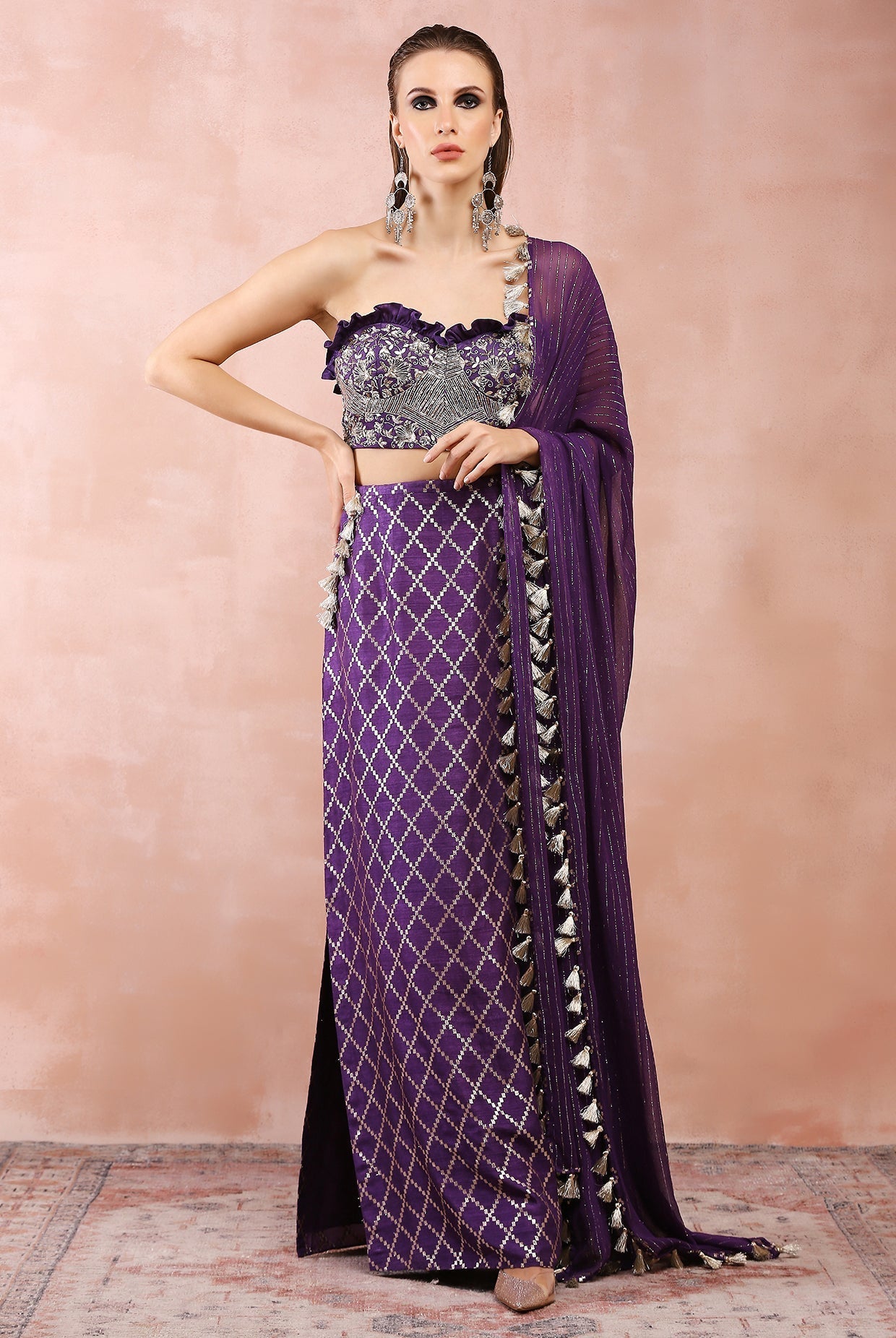 Purple embroidered corset bustier with chex skirt and dupatta