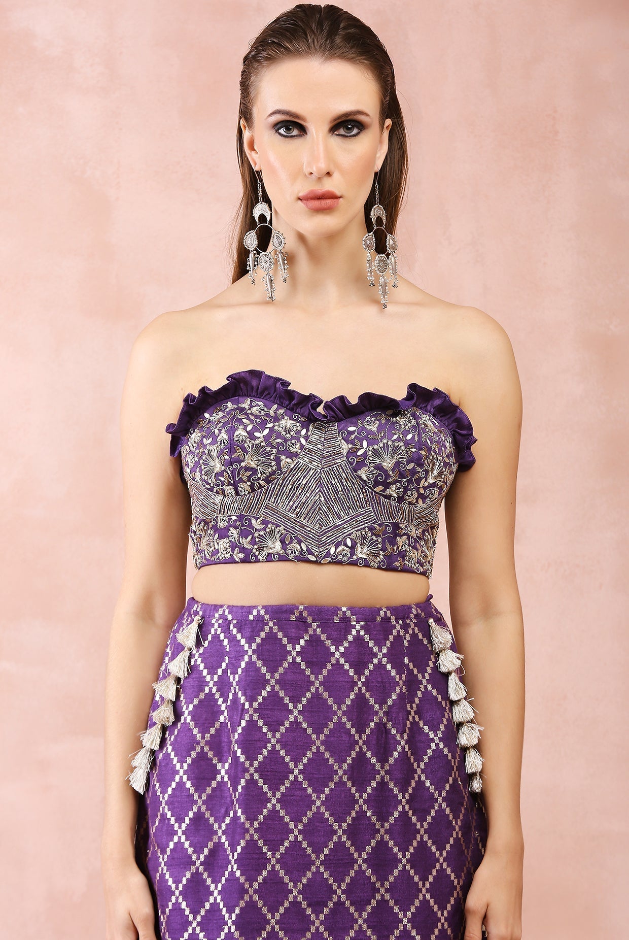 Purple embroidered corset bustier with chex skirt and dupatta