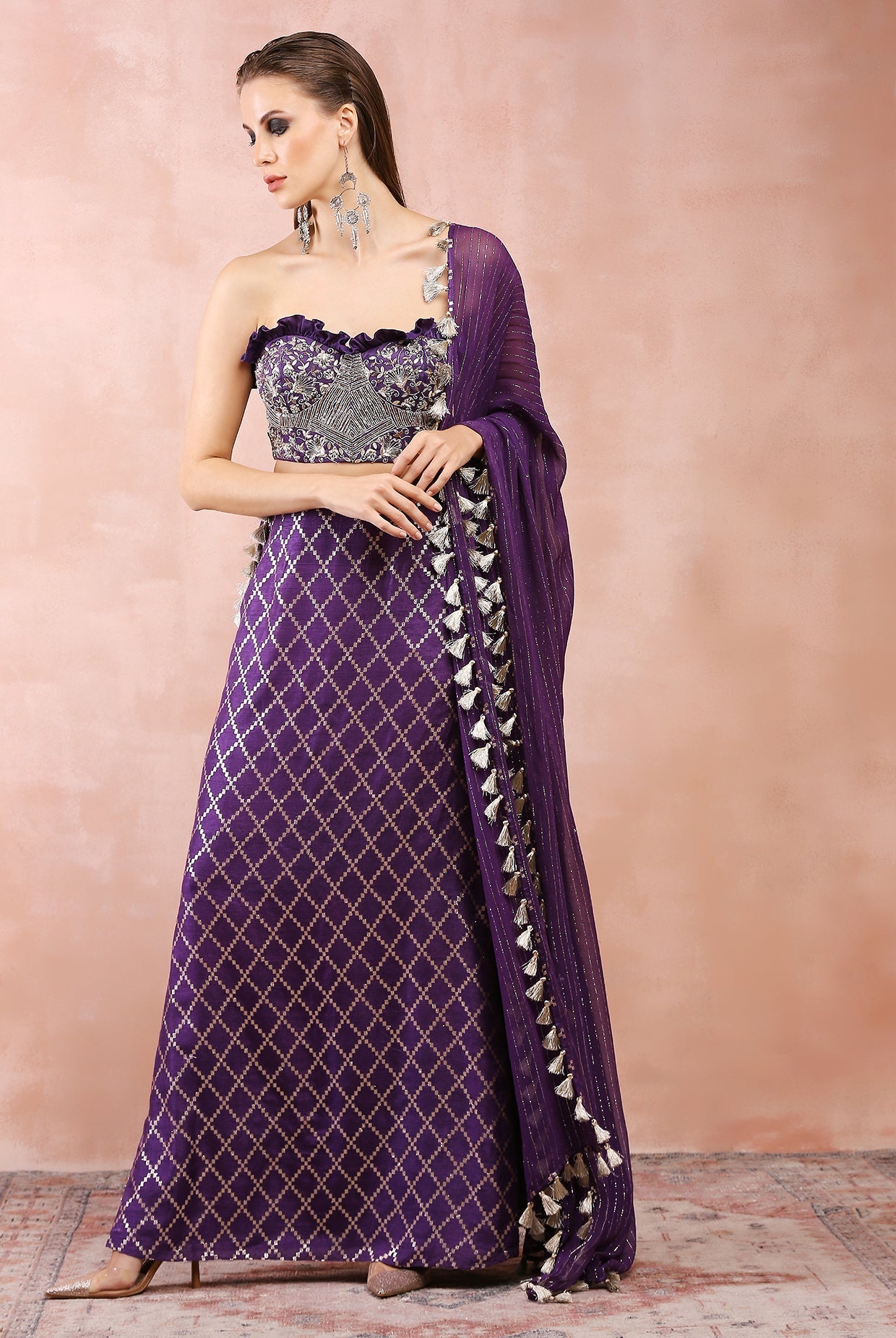 Purple embroidered corset bustier with chex skirt and dupatta