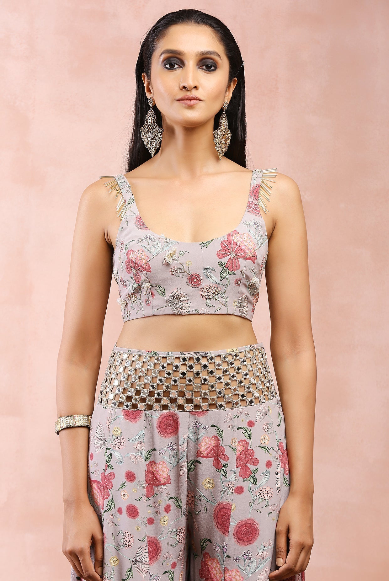 Grey Gulbagh Print Embroidered Choli With Sharara And Dupatta