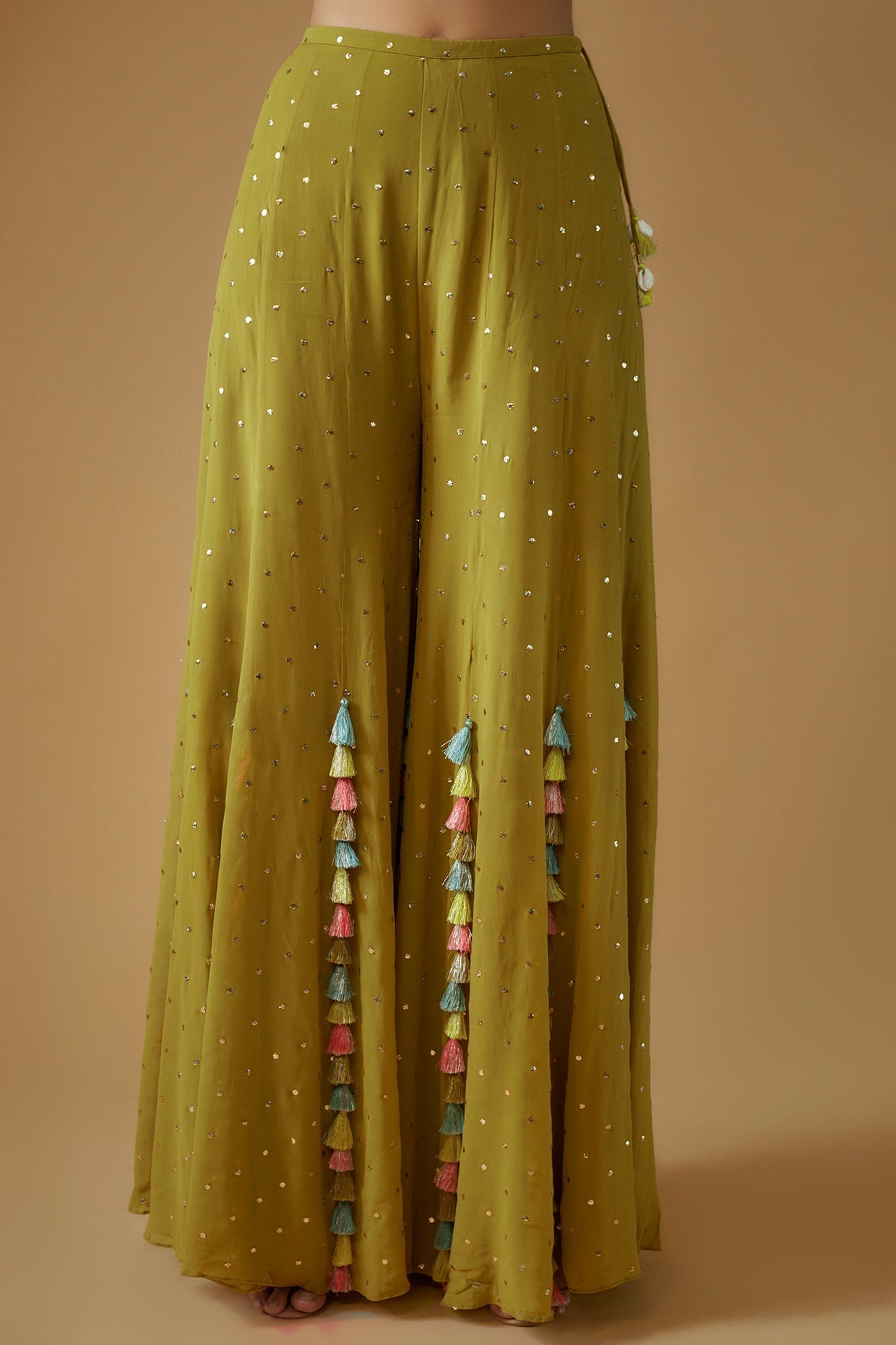 Olive Green Embroidered Back Tie-Up Choli With Sharara