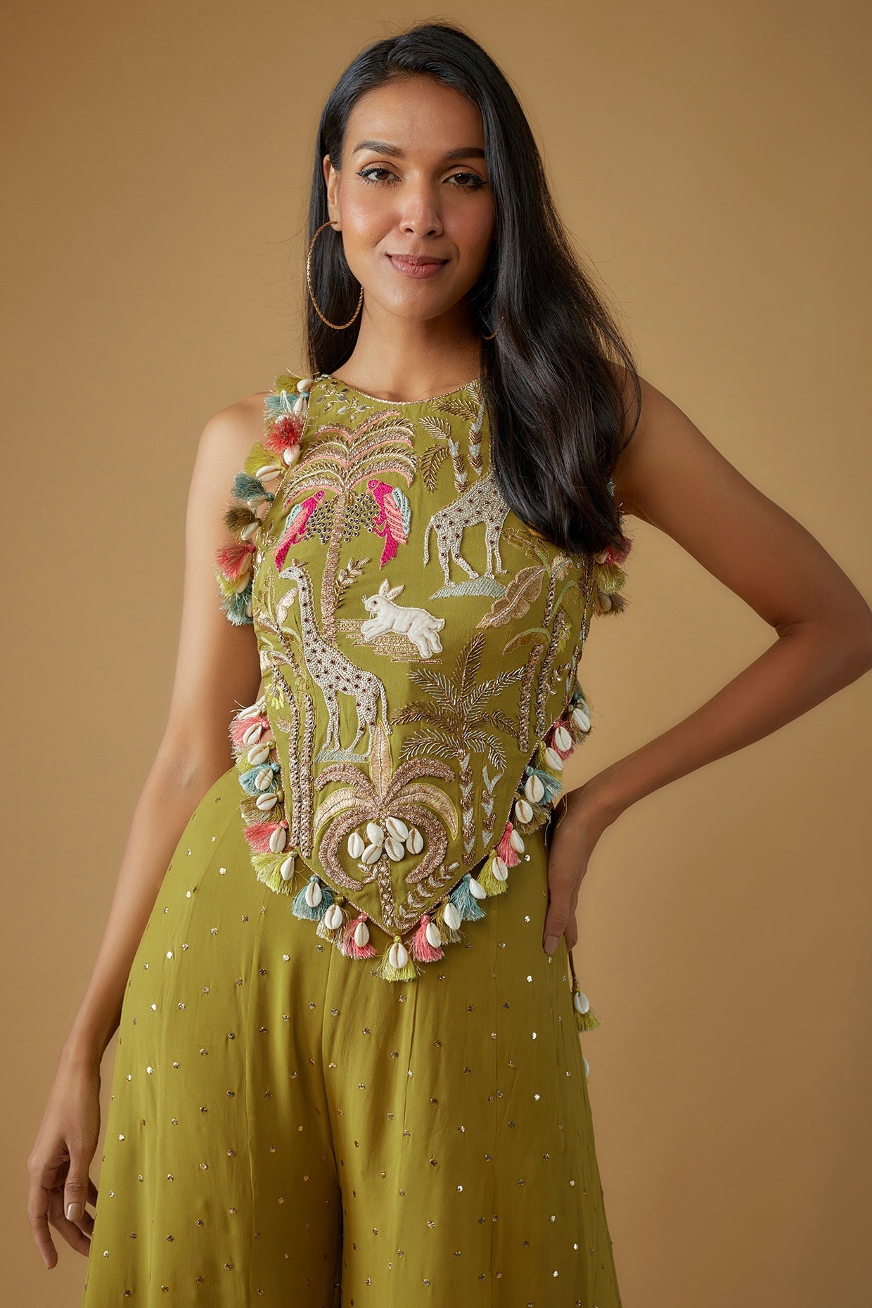 Olive Green Embroidered Back Tie-Up Choli With Sharara