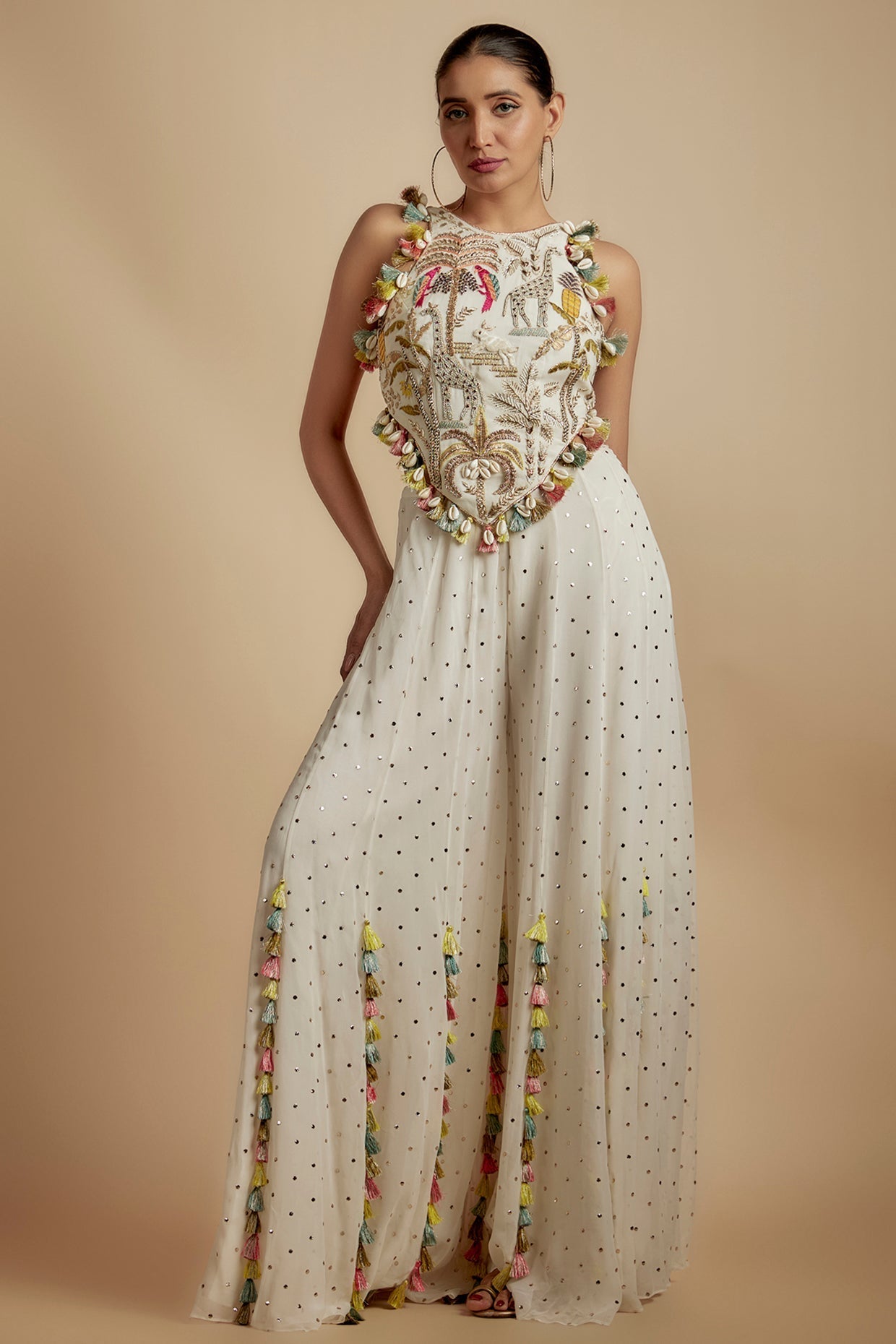 Ivory Embroidered Back Tie-Up Choli With Sharara