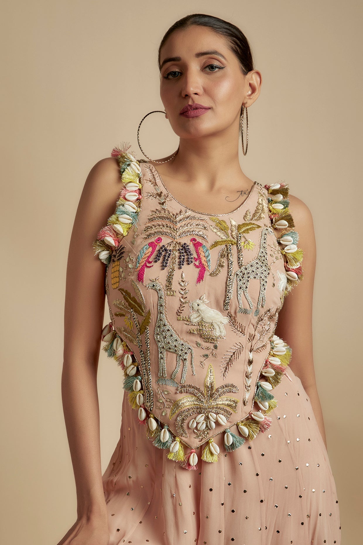 Rose Pink Embroidered Back Tie-Up Choli With Sharara