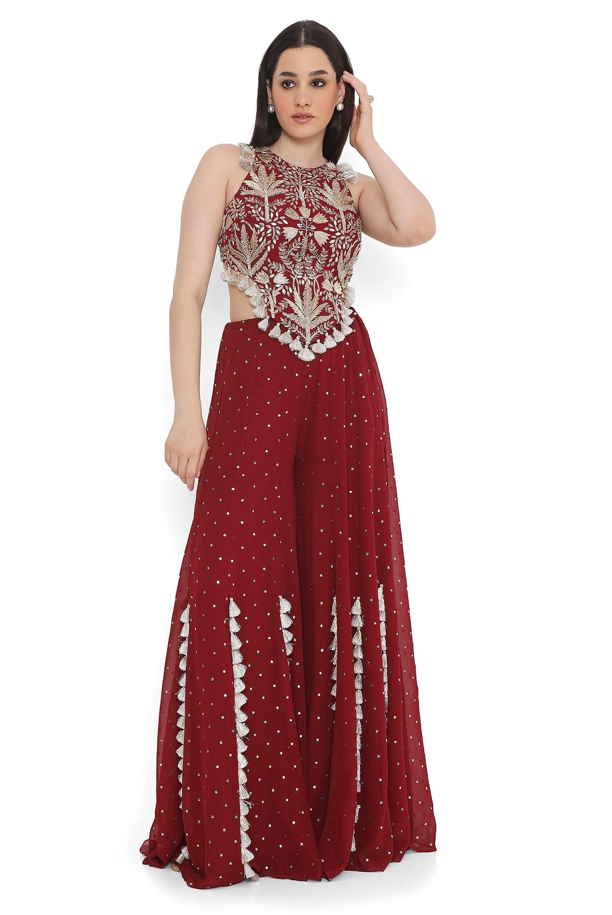 Maroon Embroidered Back Tie-Up Choli With Sharara