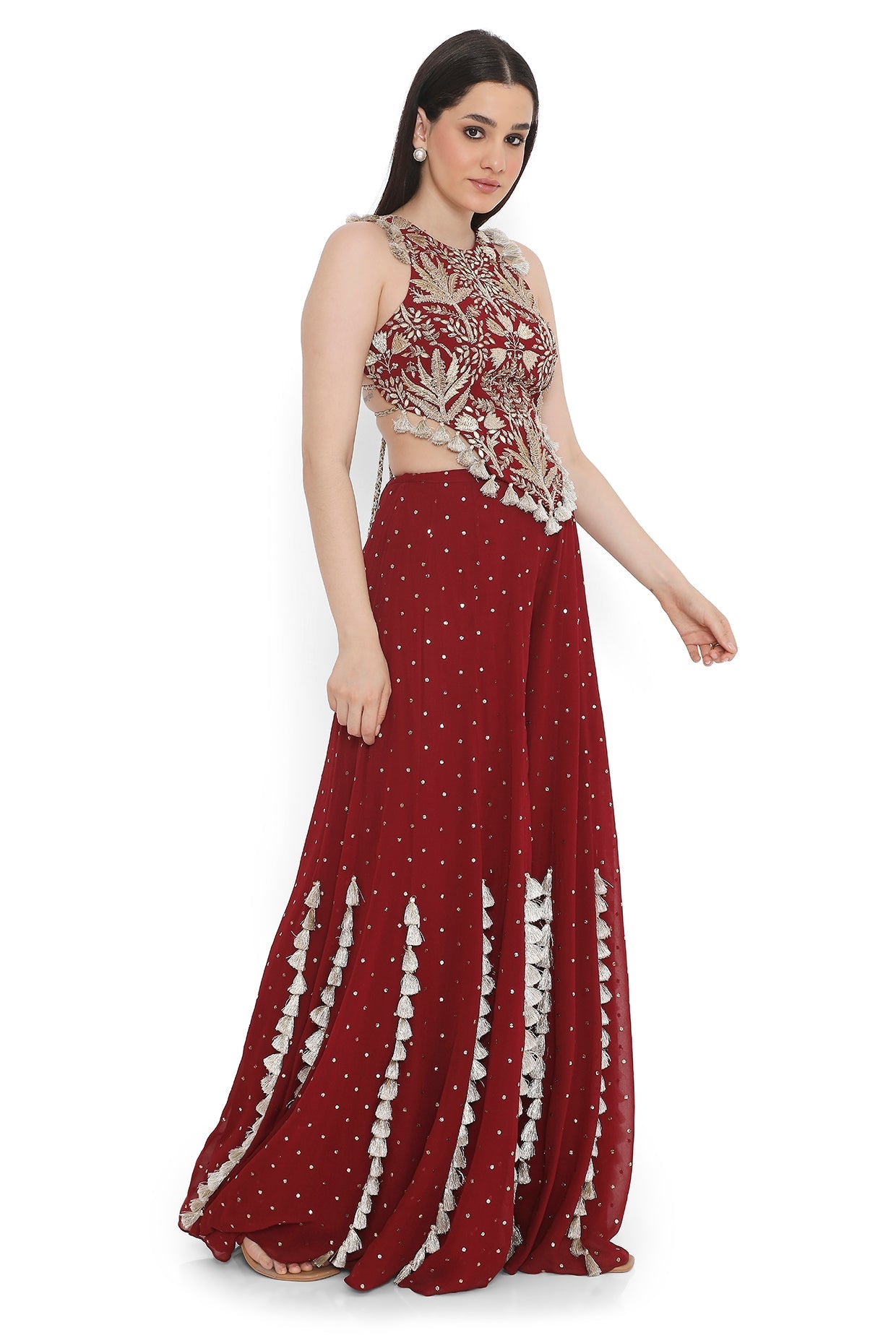 Maroon Embroidered Back Tie-Up Choli With Sharara