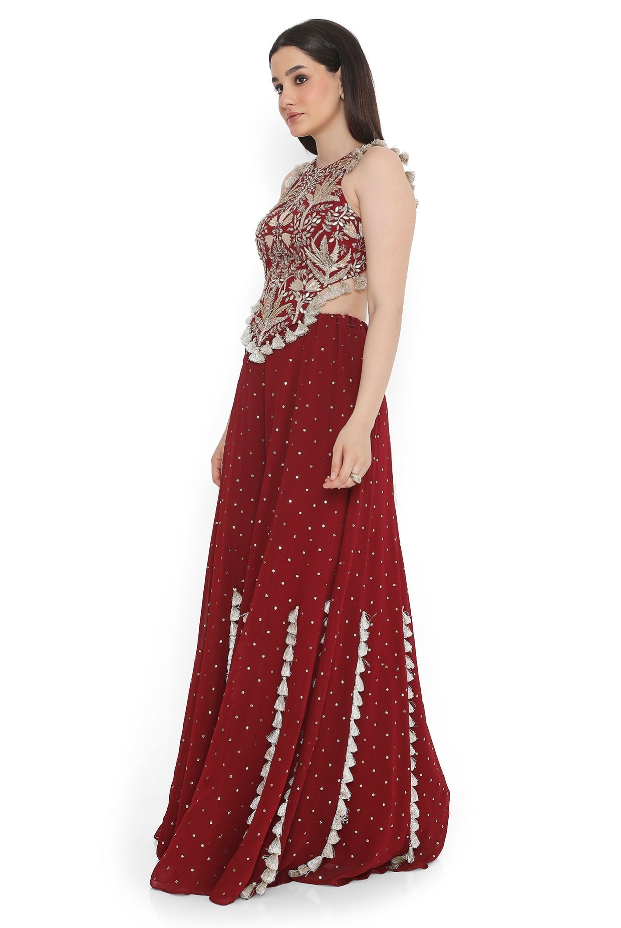 Maroon Embroidered Back Tie-Up Choli With Sharara