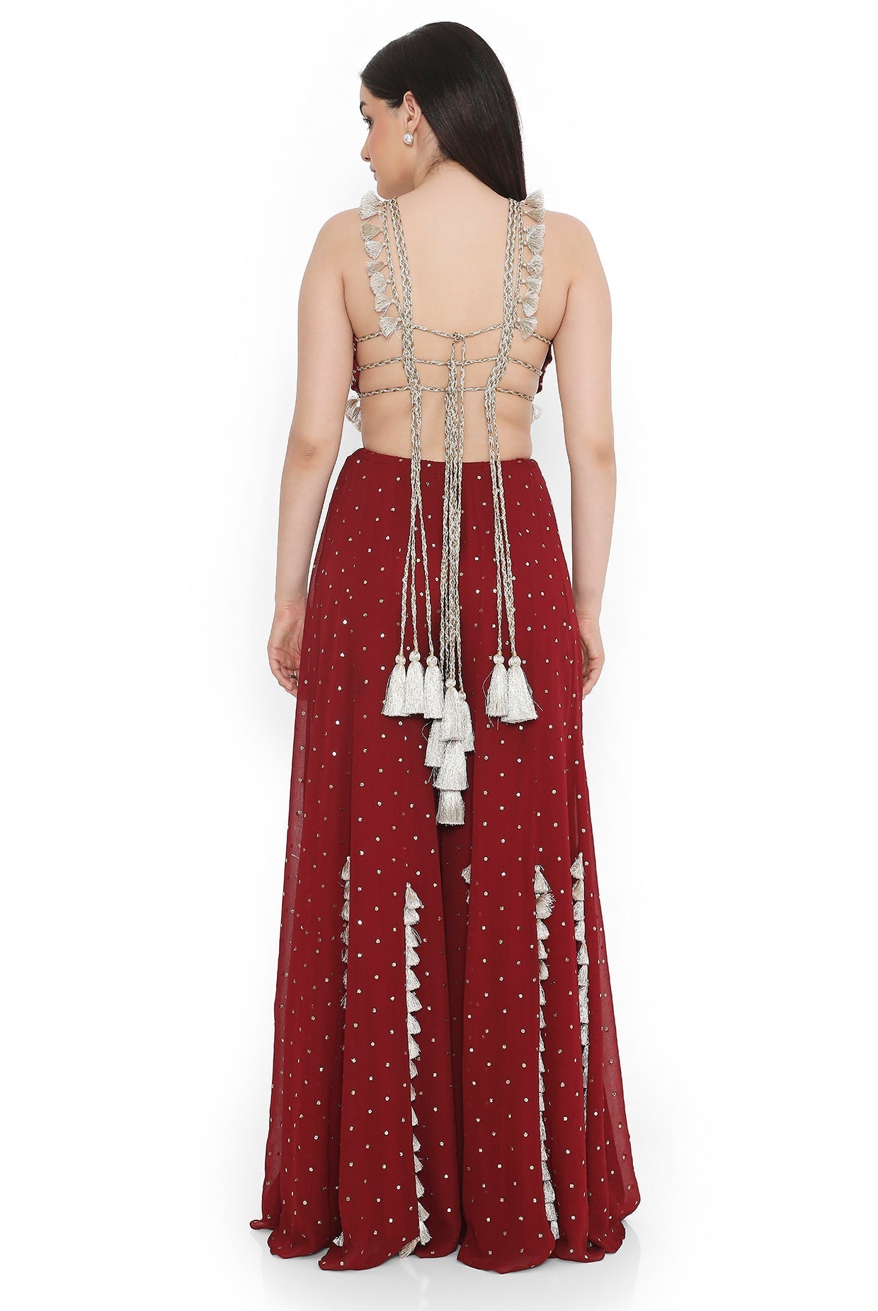 Maroon Embroidered Back Tie-Up Choli With Sharara