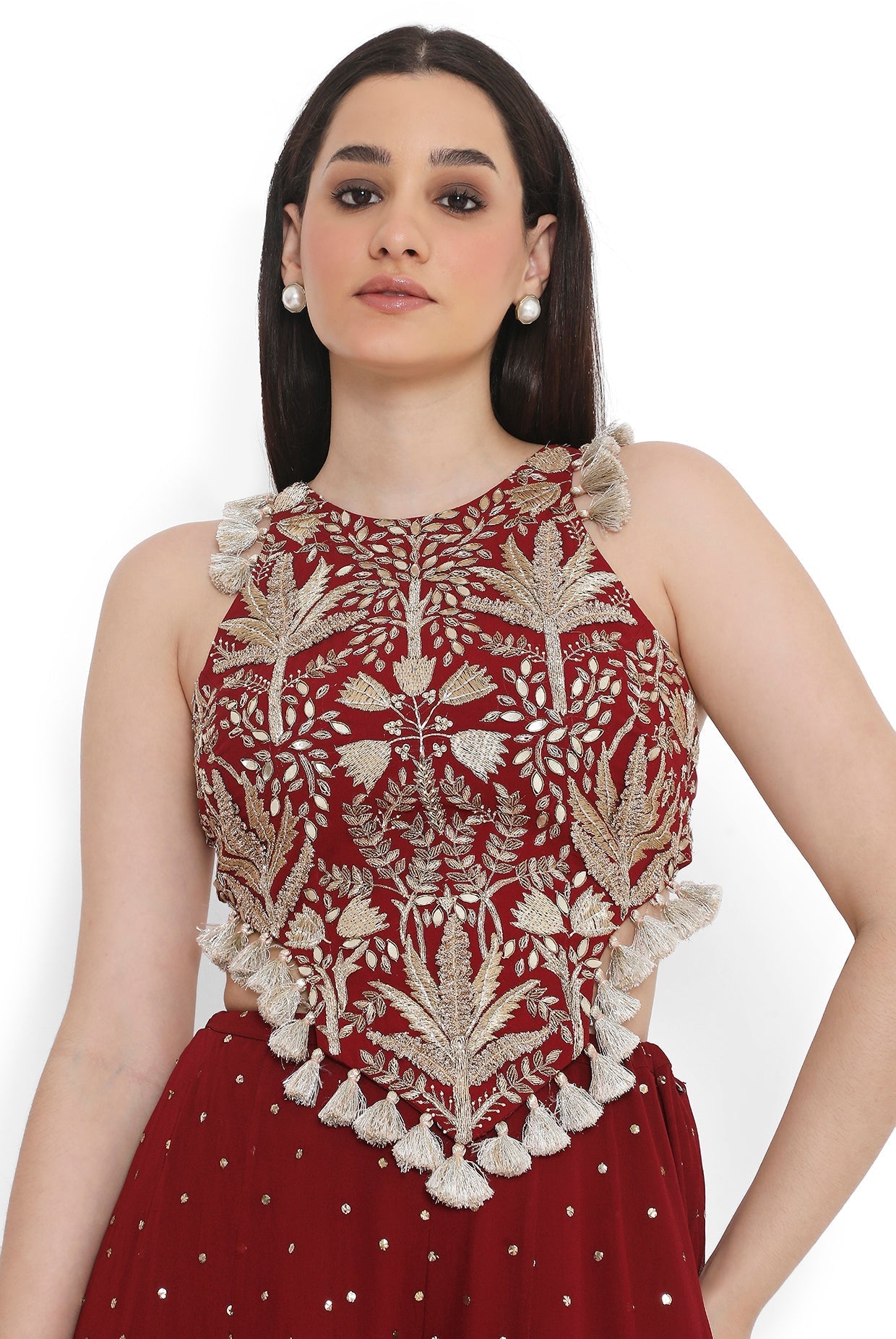 Maroon Embroidered Back Tie-Up Choli With Sharara