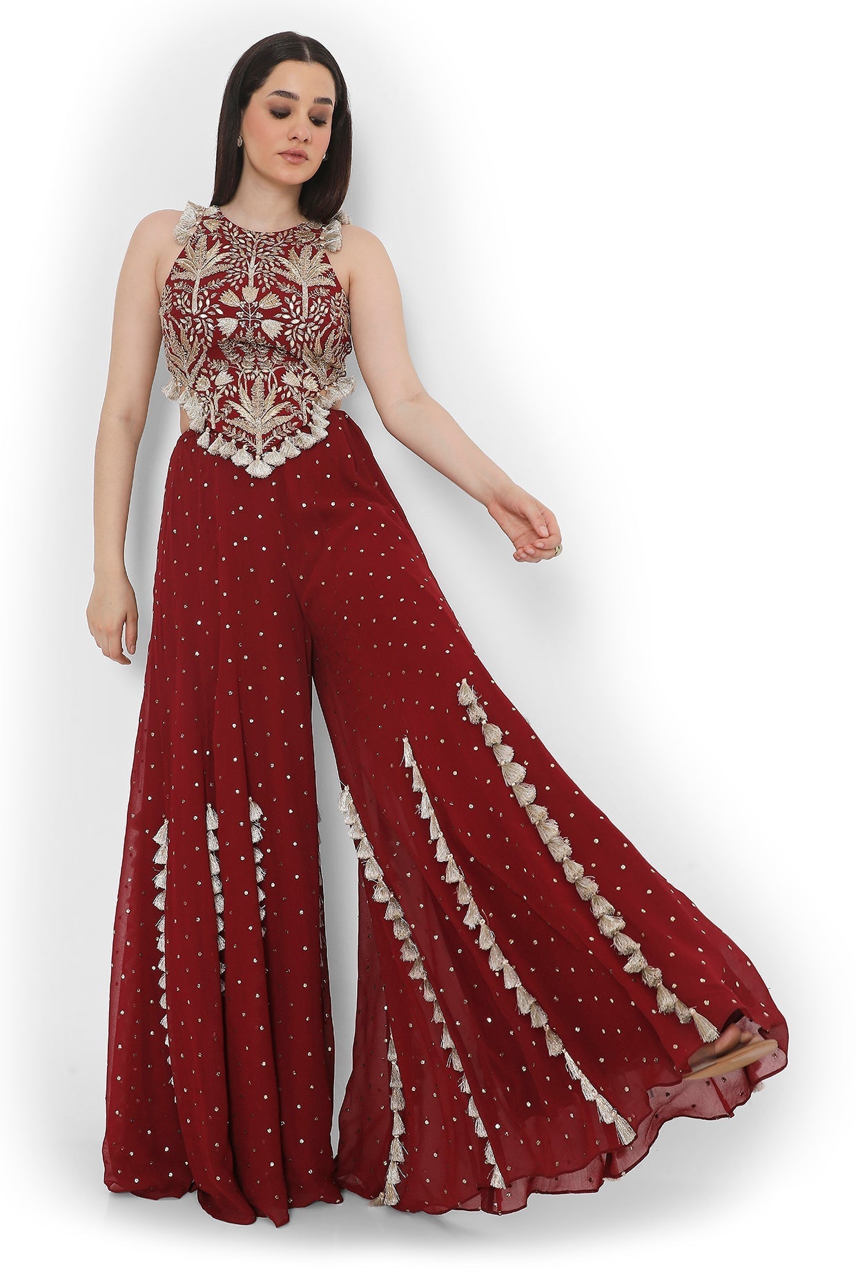 Maroon Embroidered Back Tie-Up Choli With Sharara