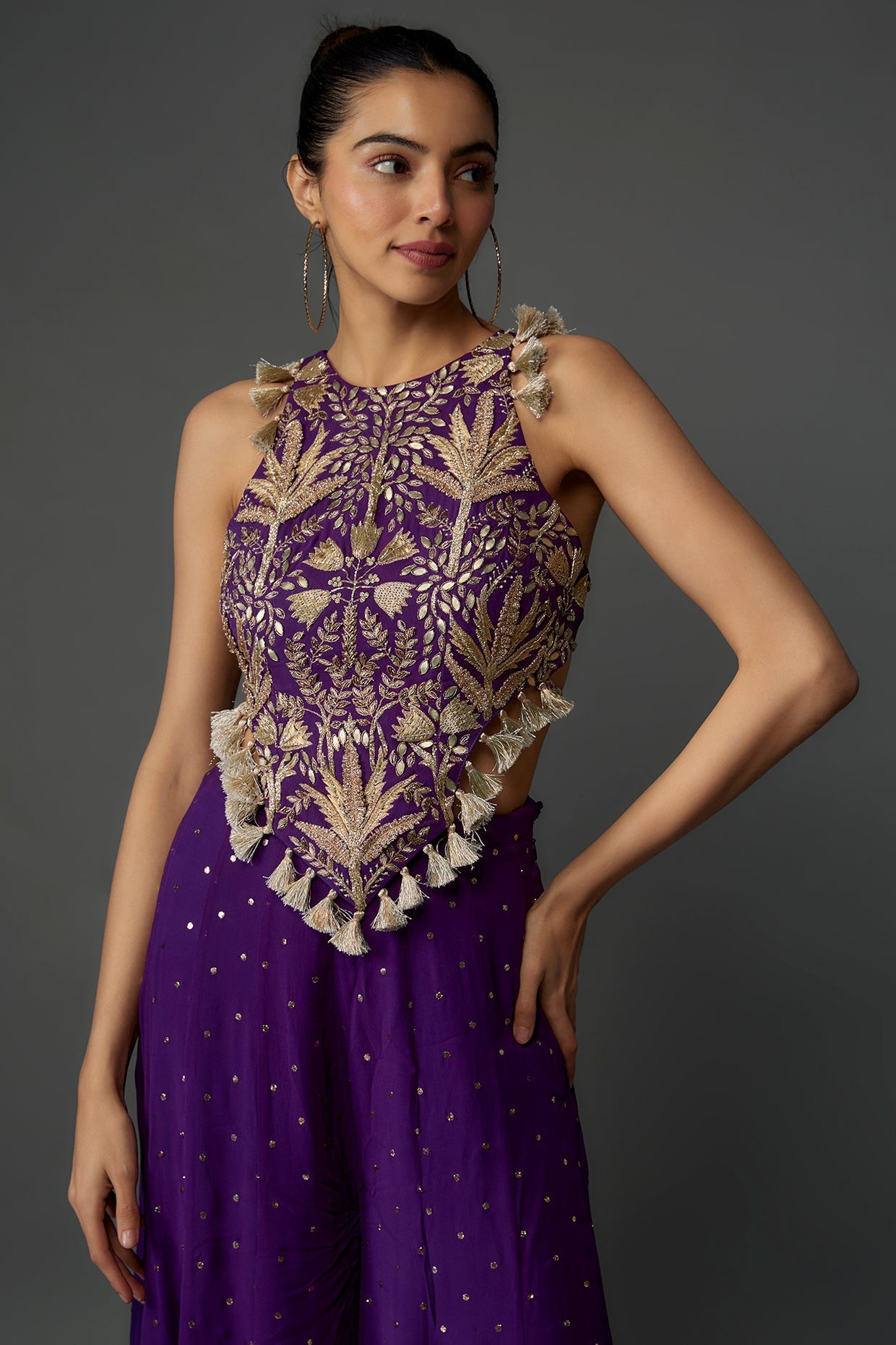 Purple Embroidered Back Tie-Up Choli With Sharara