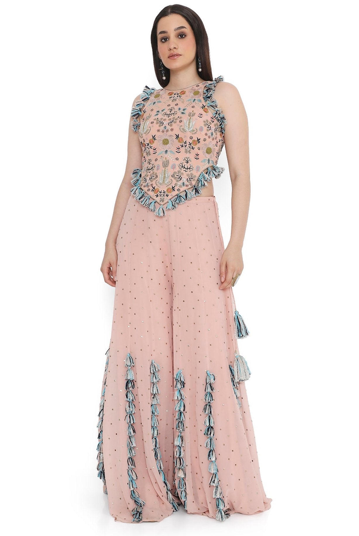 Rose Pink Embroidered Back Tie-Up Choli With Sharara