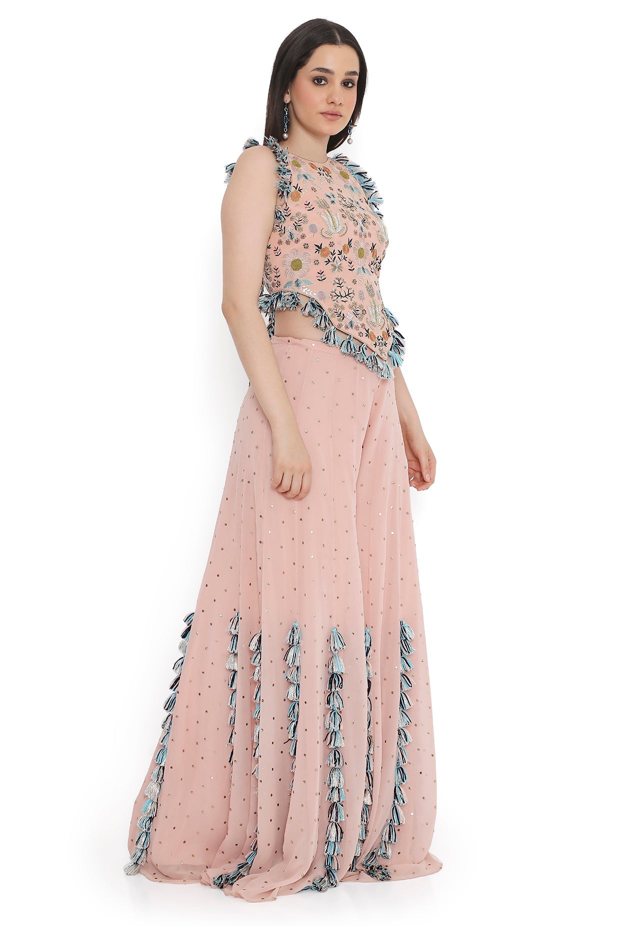 Rose Pink Embroidered Back Tie-Up Choli With Sharara