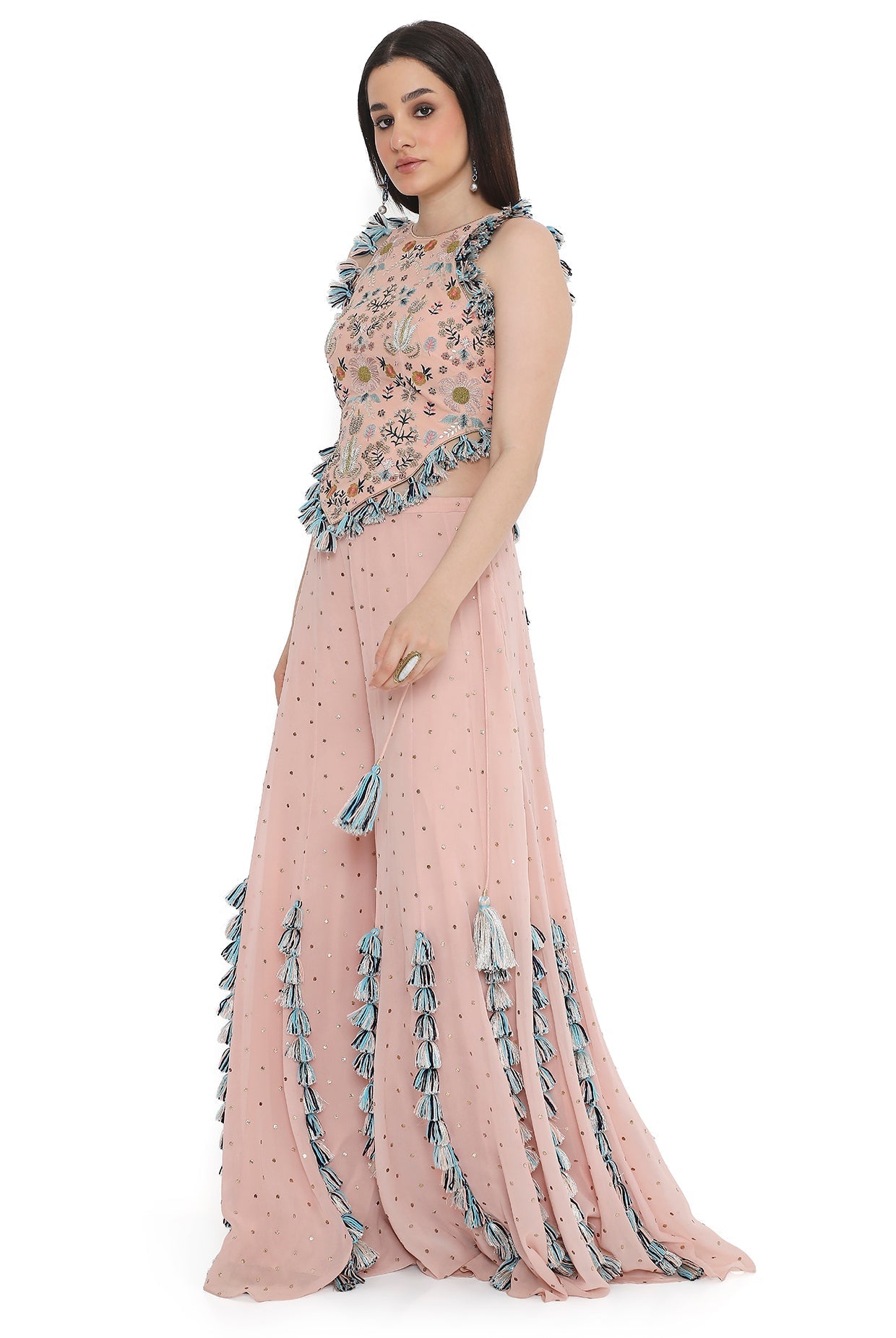 Rose Pink Embroidered Back Tie-Up Choli With Sharara