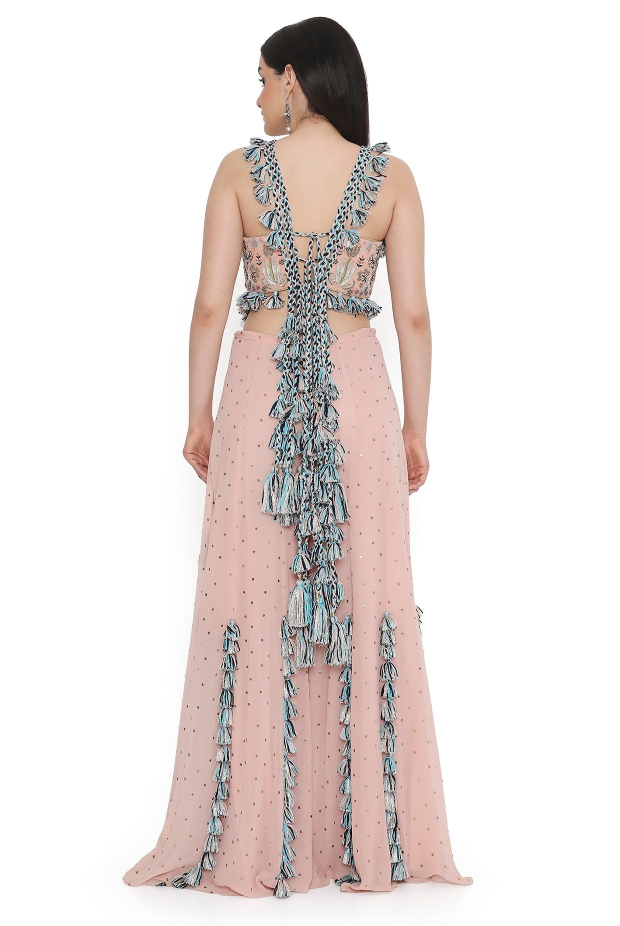 Rose Pink Embroidered Back Tie-Up Choli With Sharara