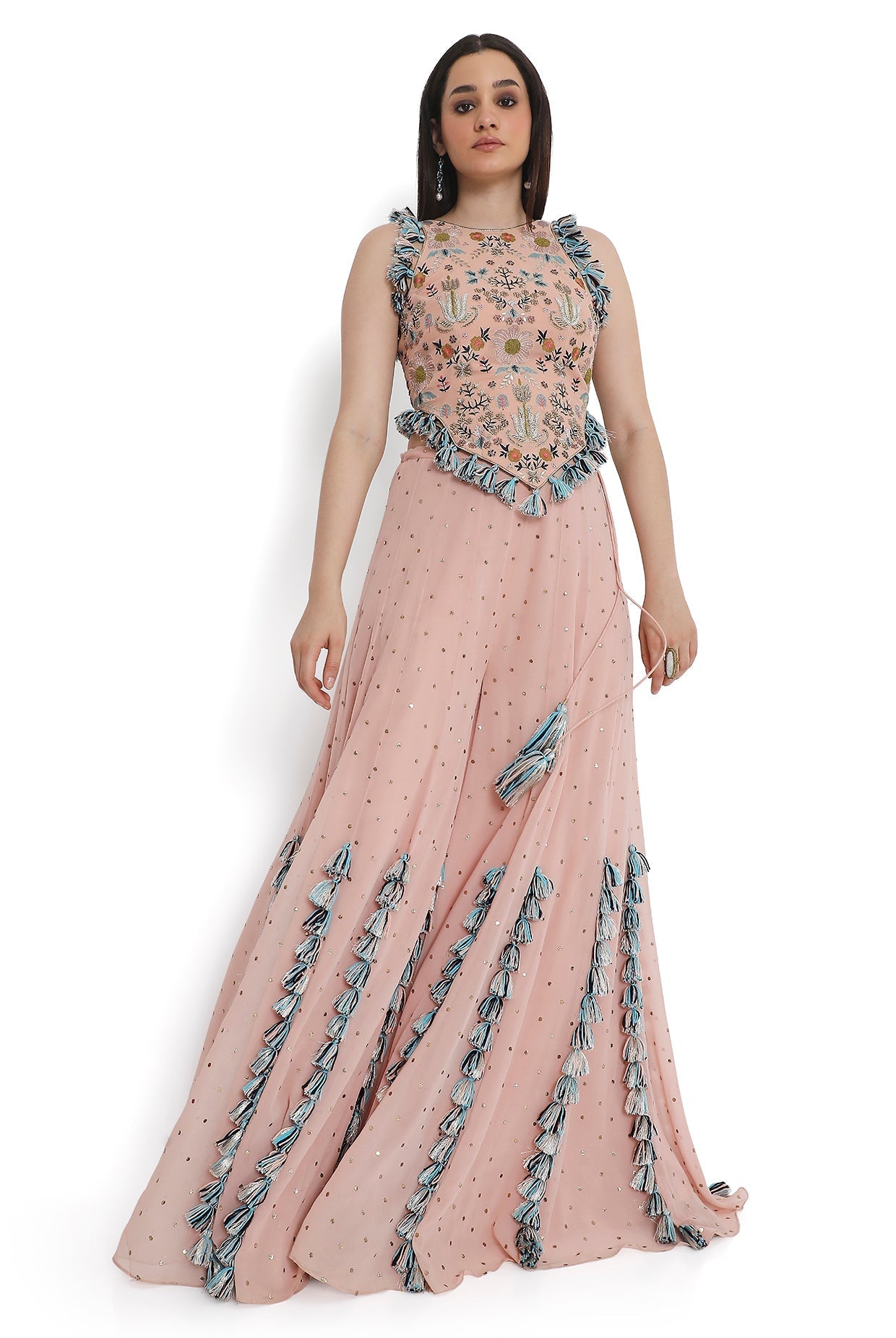 Rose Pink Embroidered Back Tie-Up Choli With Sharara