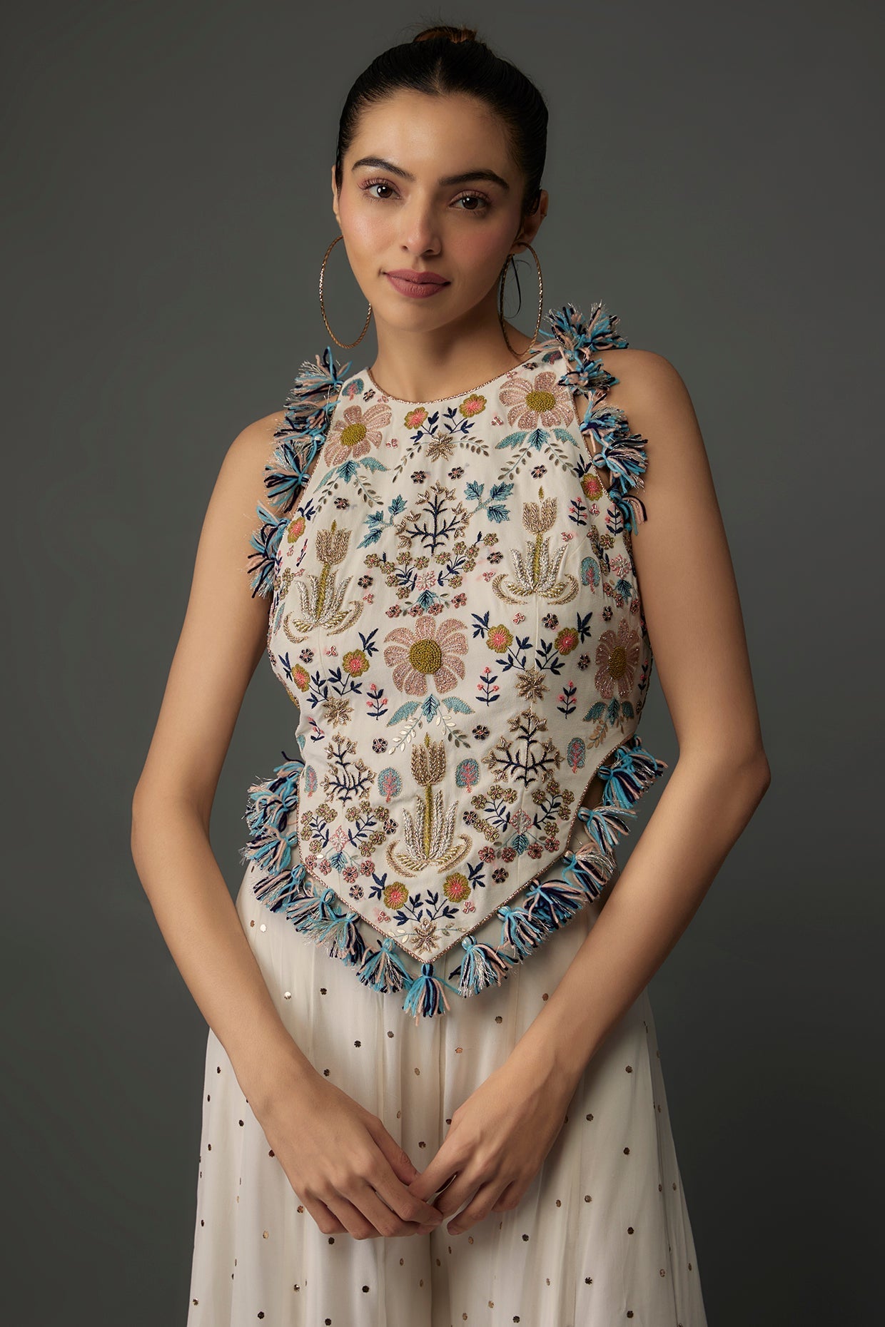 Off-White Embroidered Back Tie-Up Choli With Sharara