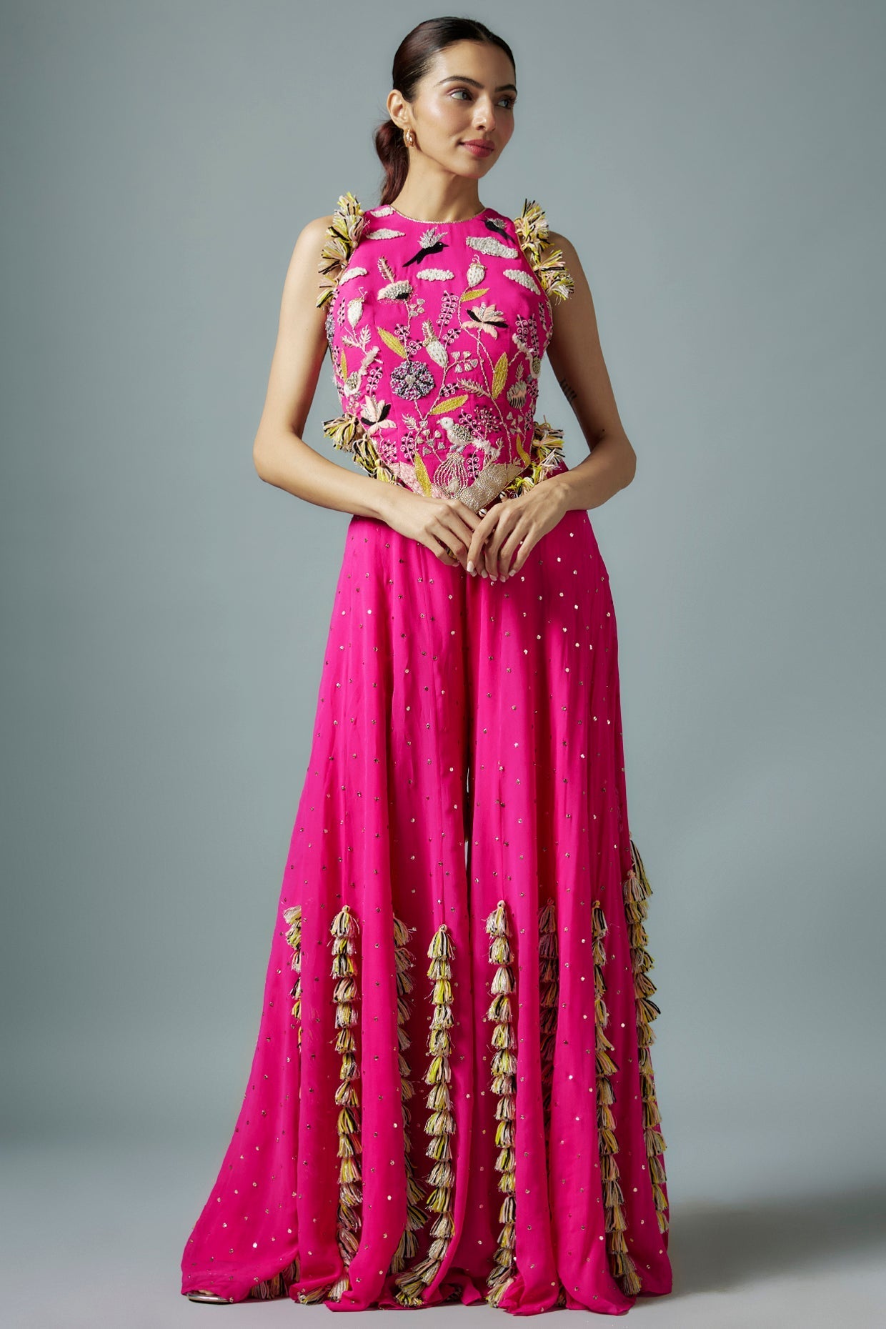 Hot Pink Embroidered Back Tie-Up Choli With Sharara