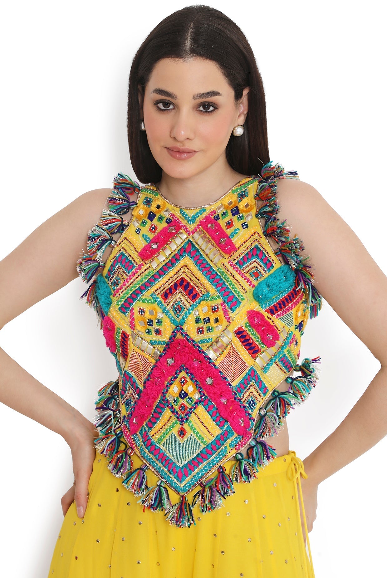 Yellow Embroidered Back Tie-Up Choli With Sharara