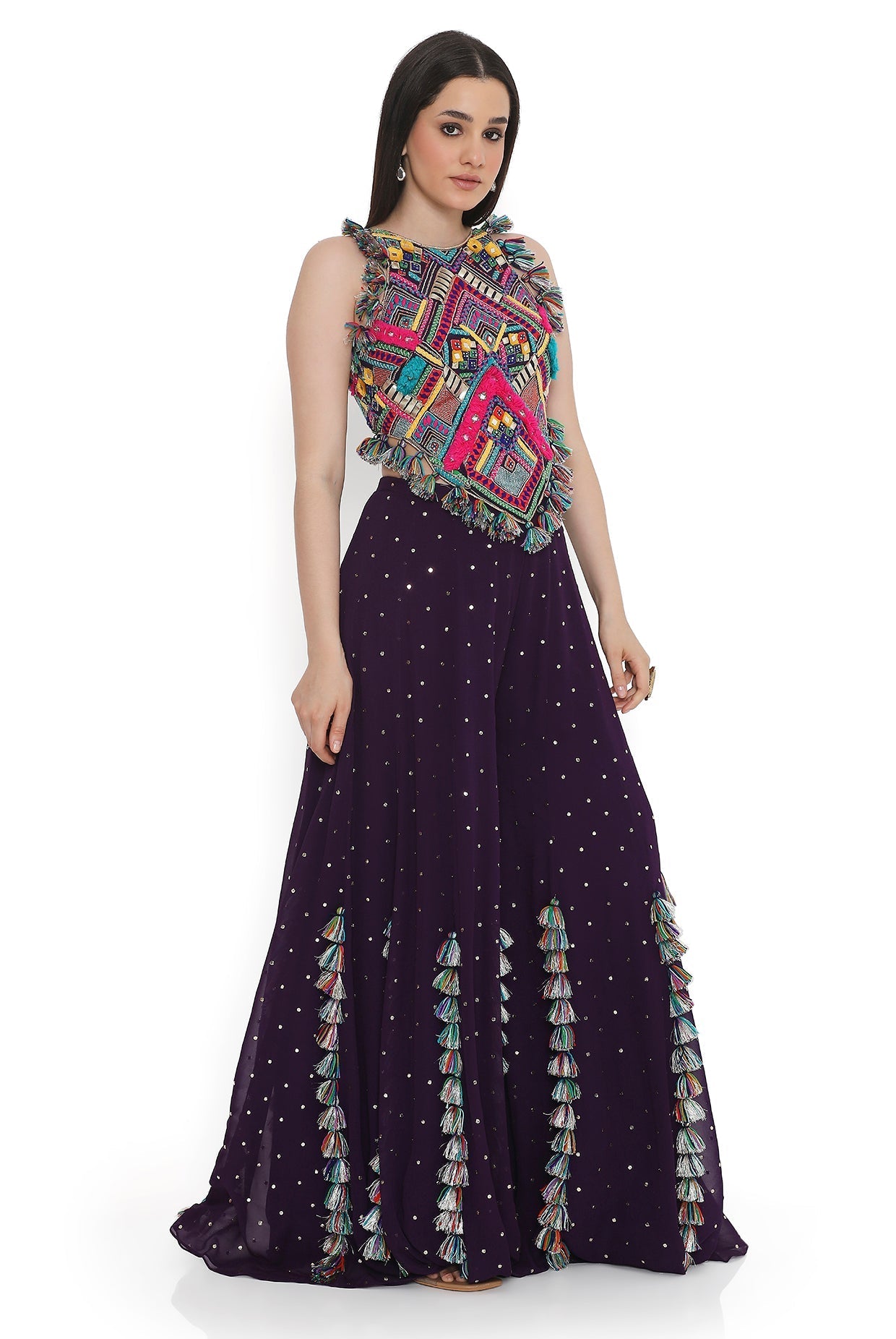 Purple Embroidered Back Tie-Up Choli With Sharara