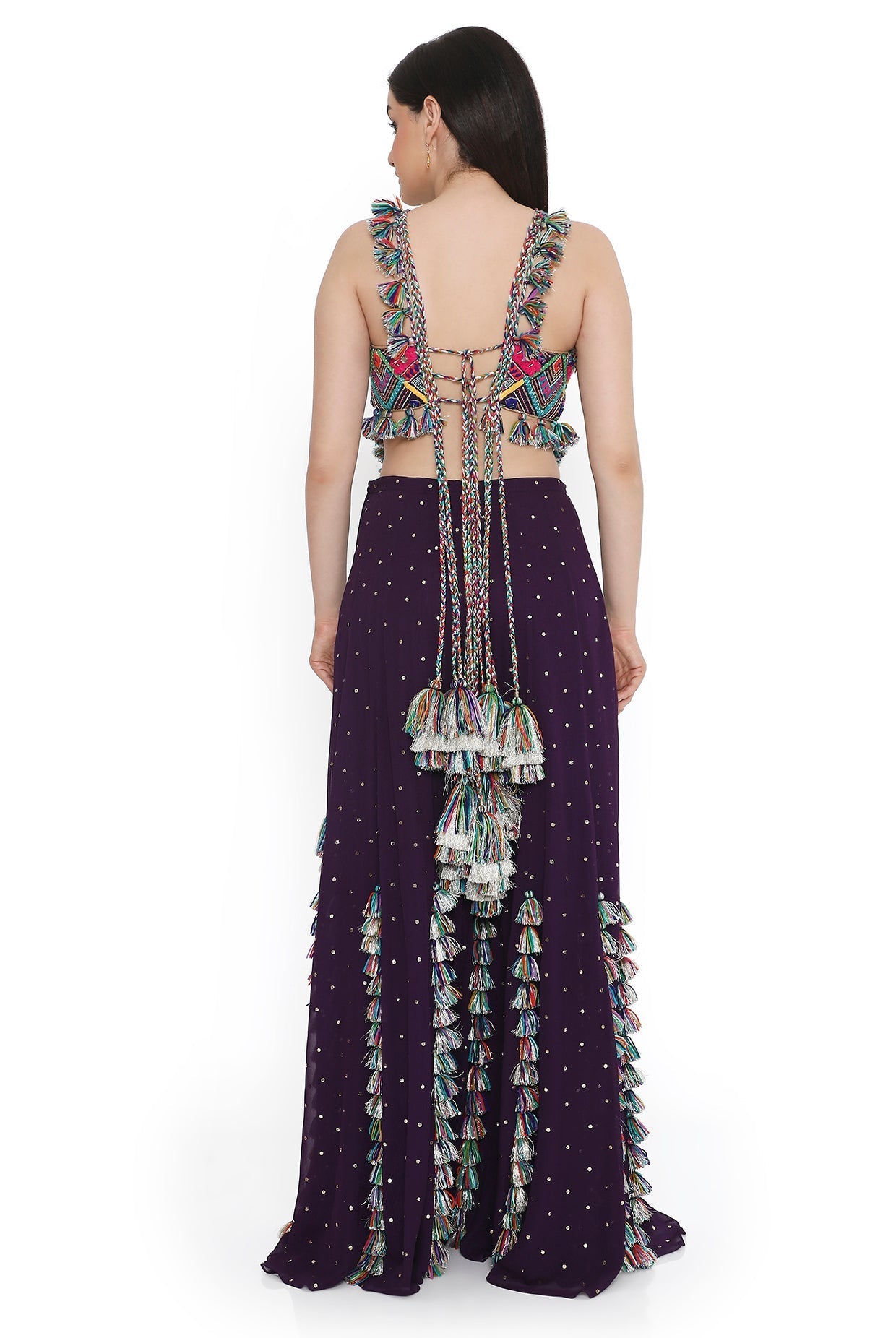Purple Embroidered Back Tie-Up Choli With Sharara