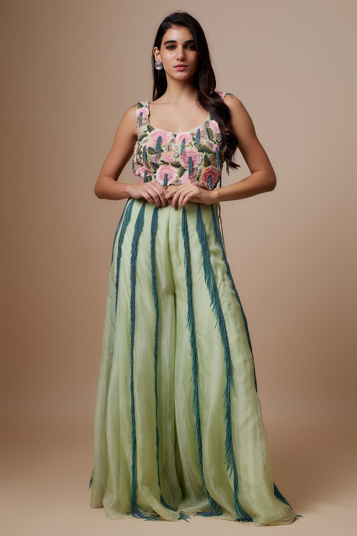 Mint Embroidered Bustier With Back Tie-Up And Organza Sharara