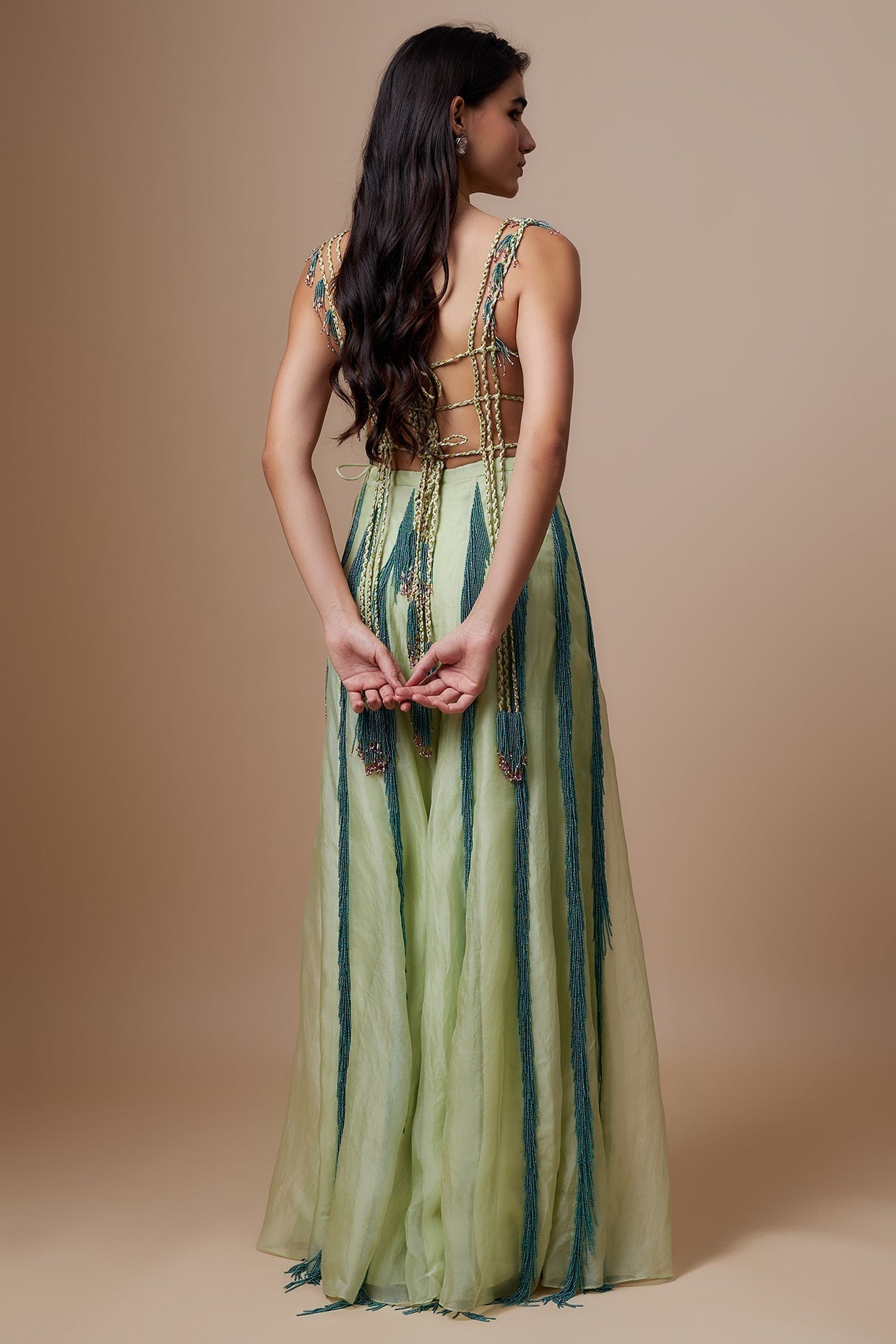 Mint Embroidered Bustier With Back Tie-Up And Organza Sharara