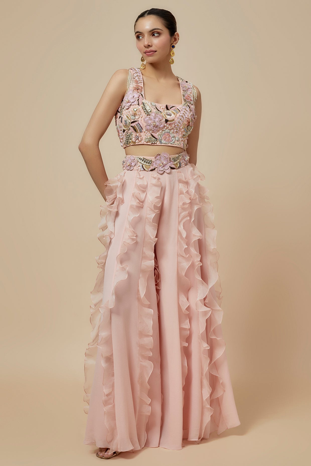 Rose Pink Embroidered Back Tie-Up Choli And Ruffled Sharara