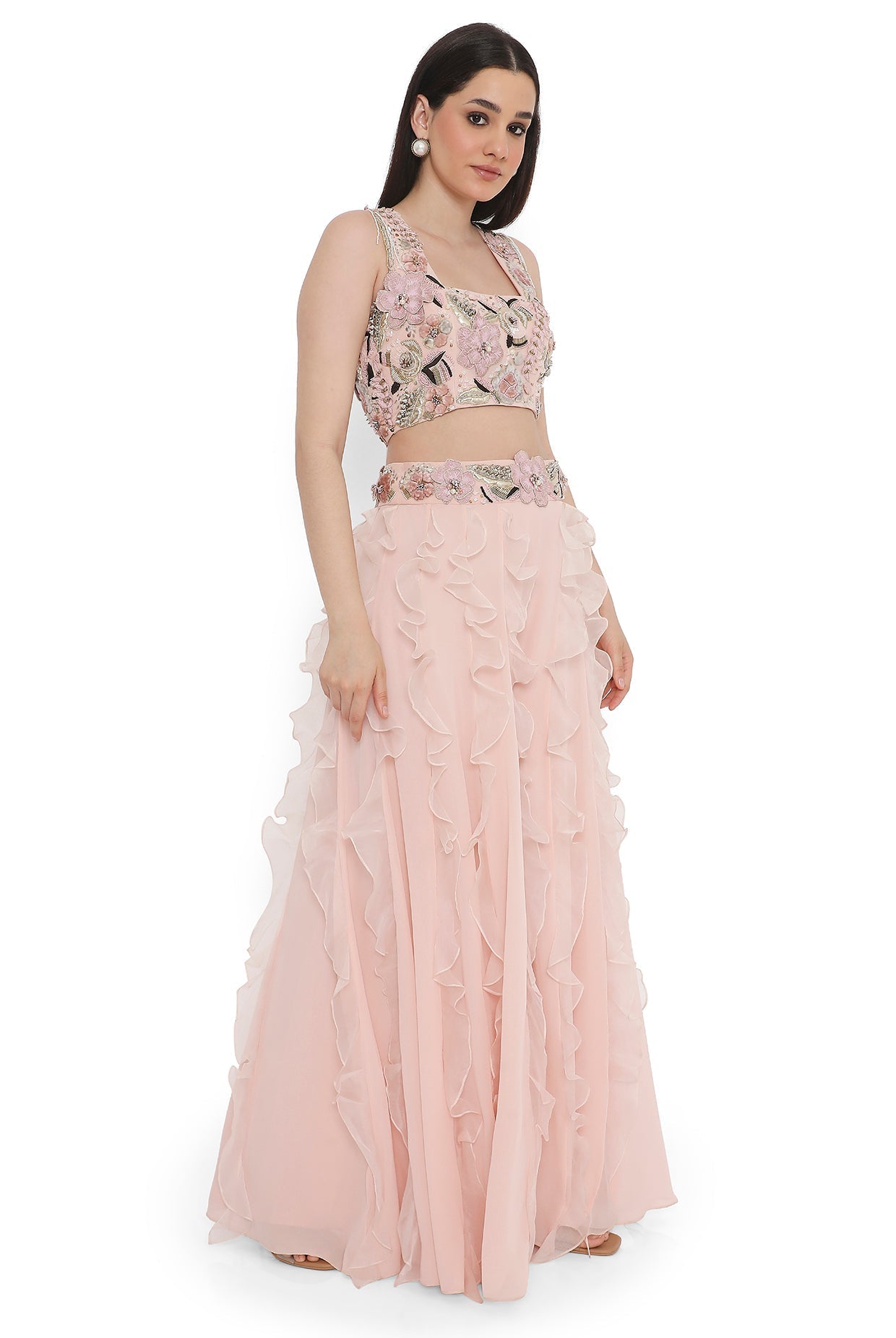 Rose Pink Embroidered Back Tie-Up Choli With Ruffled Sharara