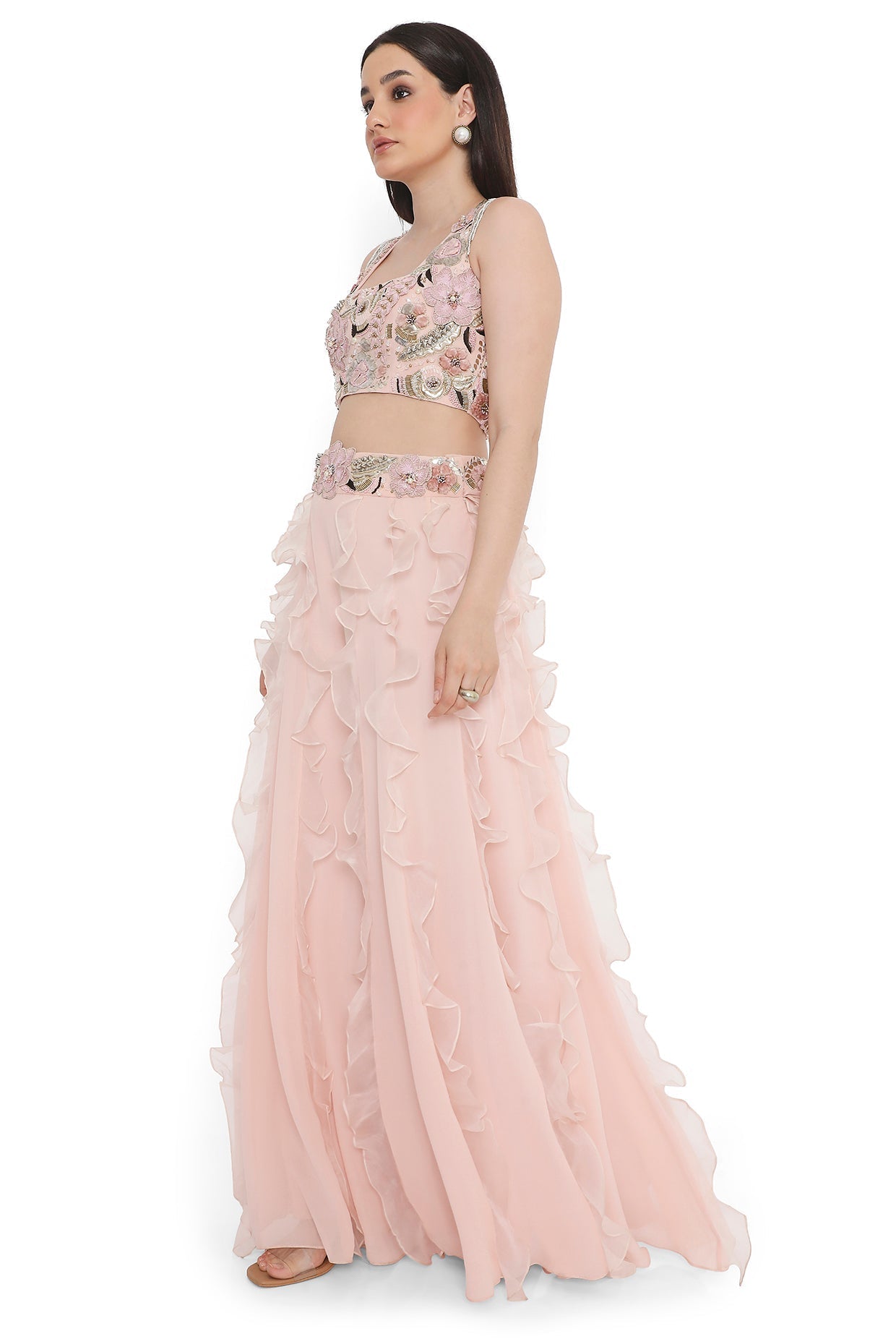 Rose Pink Embroidered Back Tie-Up Choli With Ruffled Sharara