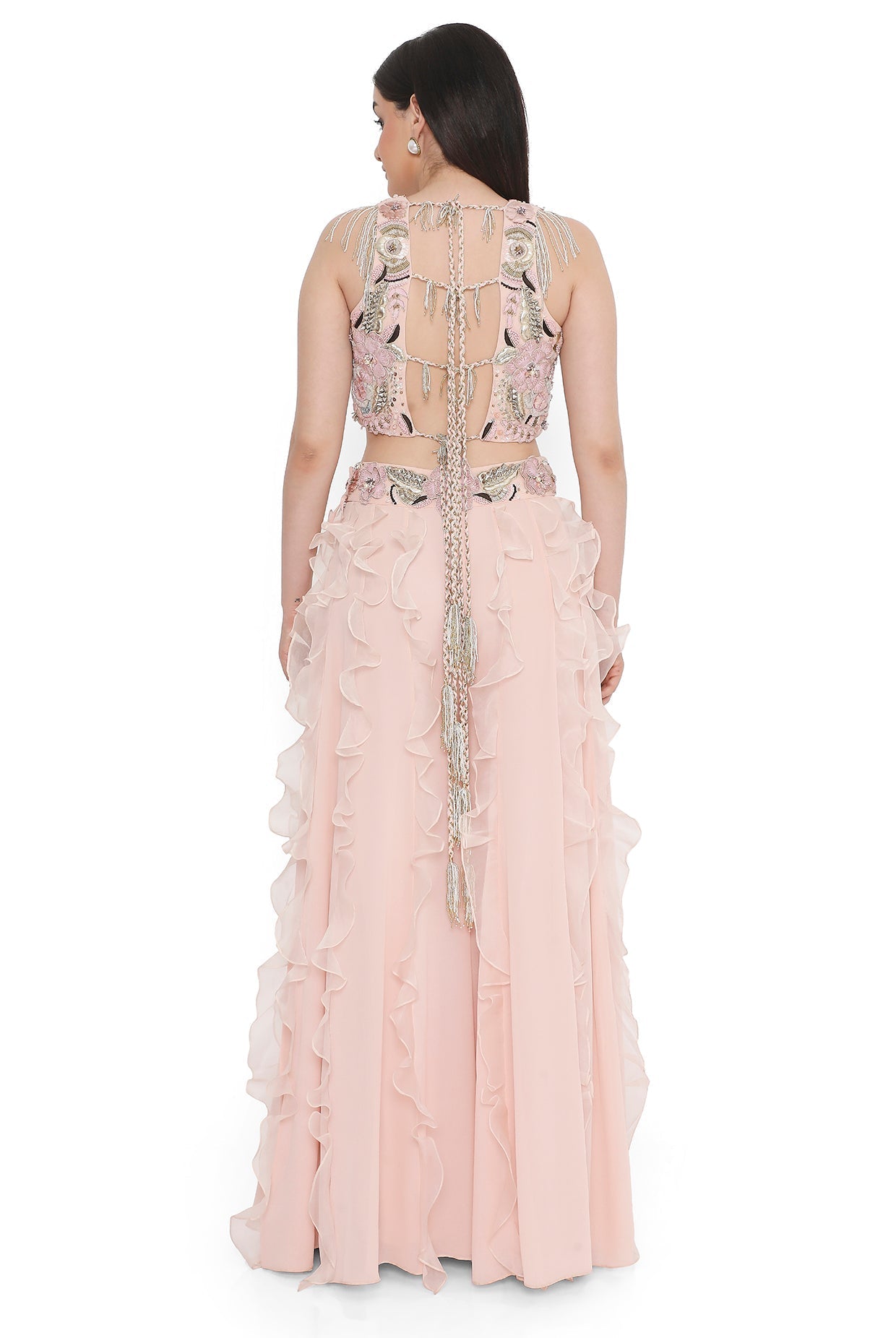 Rose Pink Embroidered Back Tie-Up Choli With Ruffled Sharara