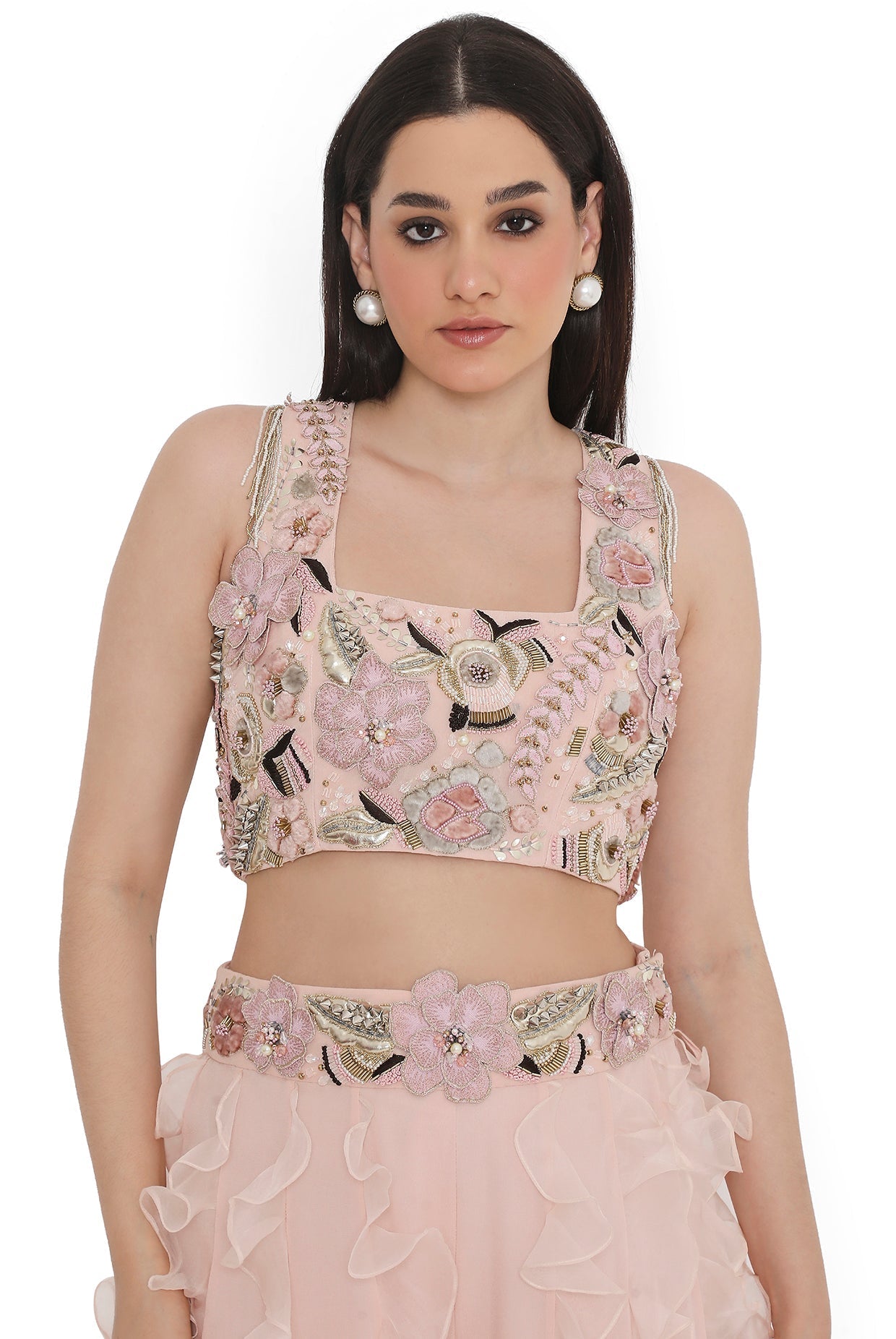 Rose Pink Embroidered Back Tie-Up Choli With Ruffled Sharara