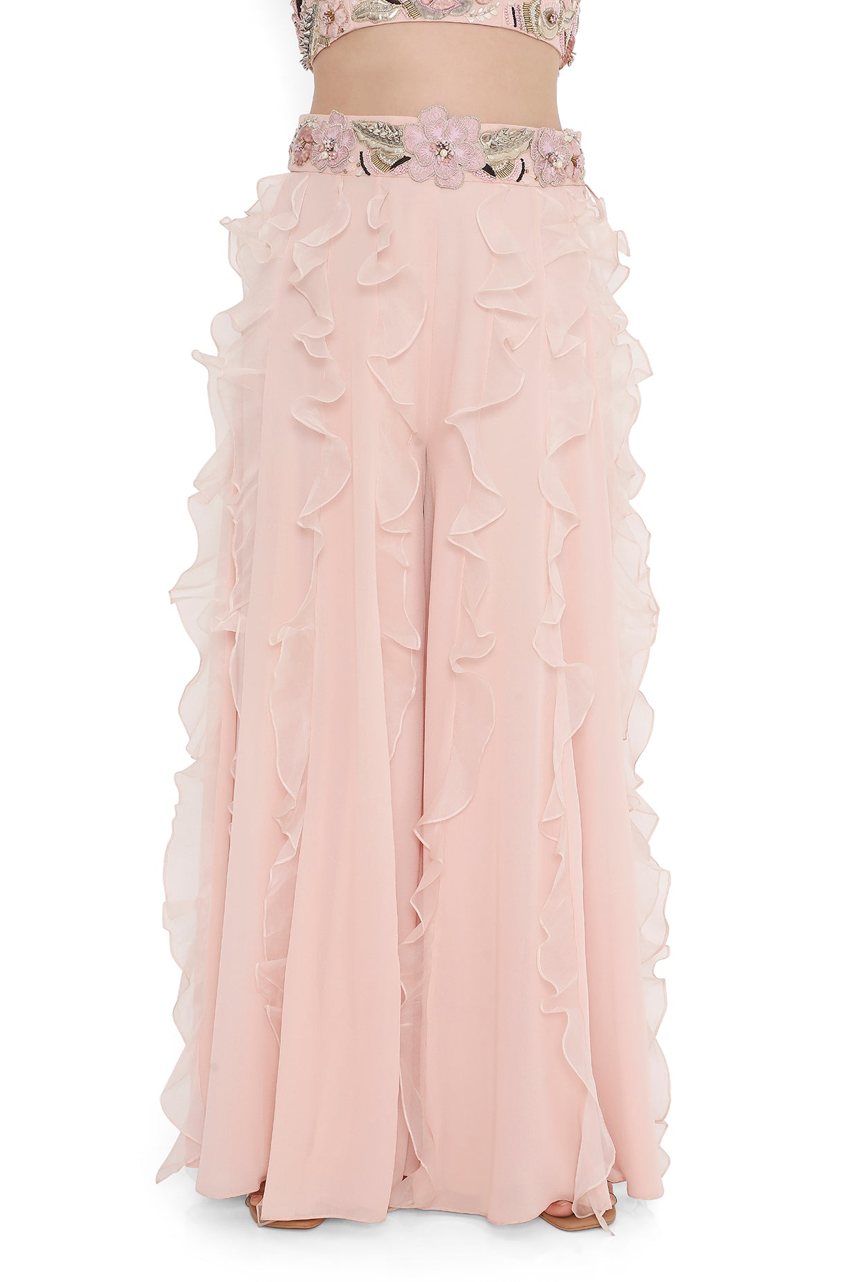 Rose Pink Embroidered Back Tie-Up Choli With Ruffled Sharara