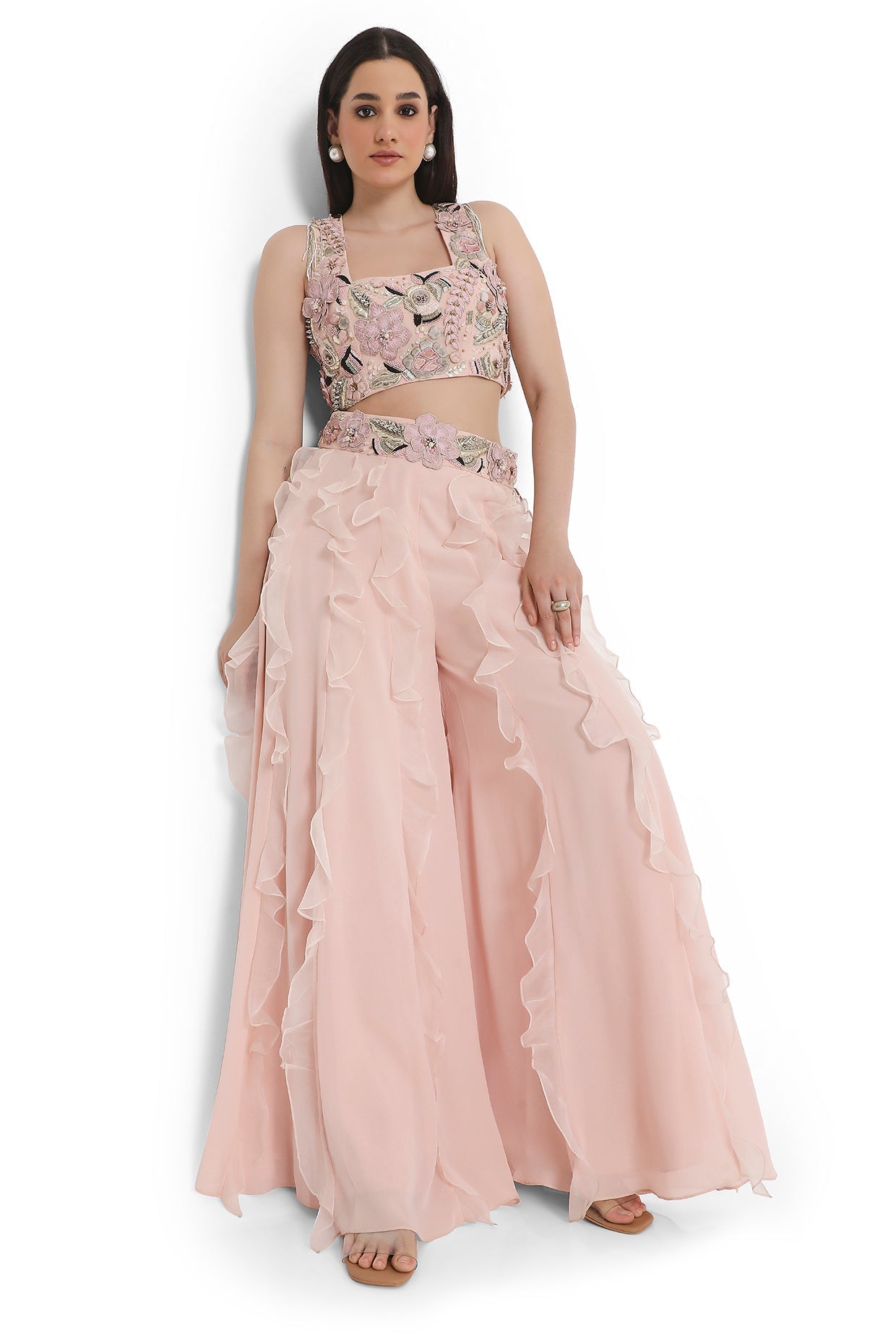 Rose Pink Embroidered Back Tie-Up Choli With Ruffled Sharara