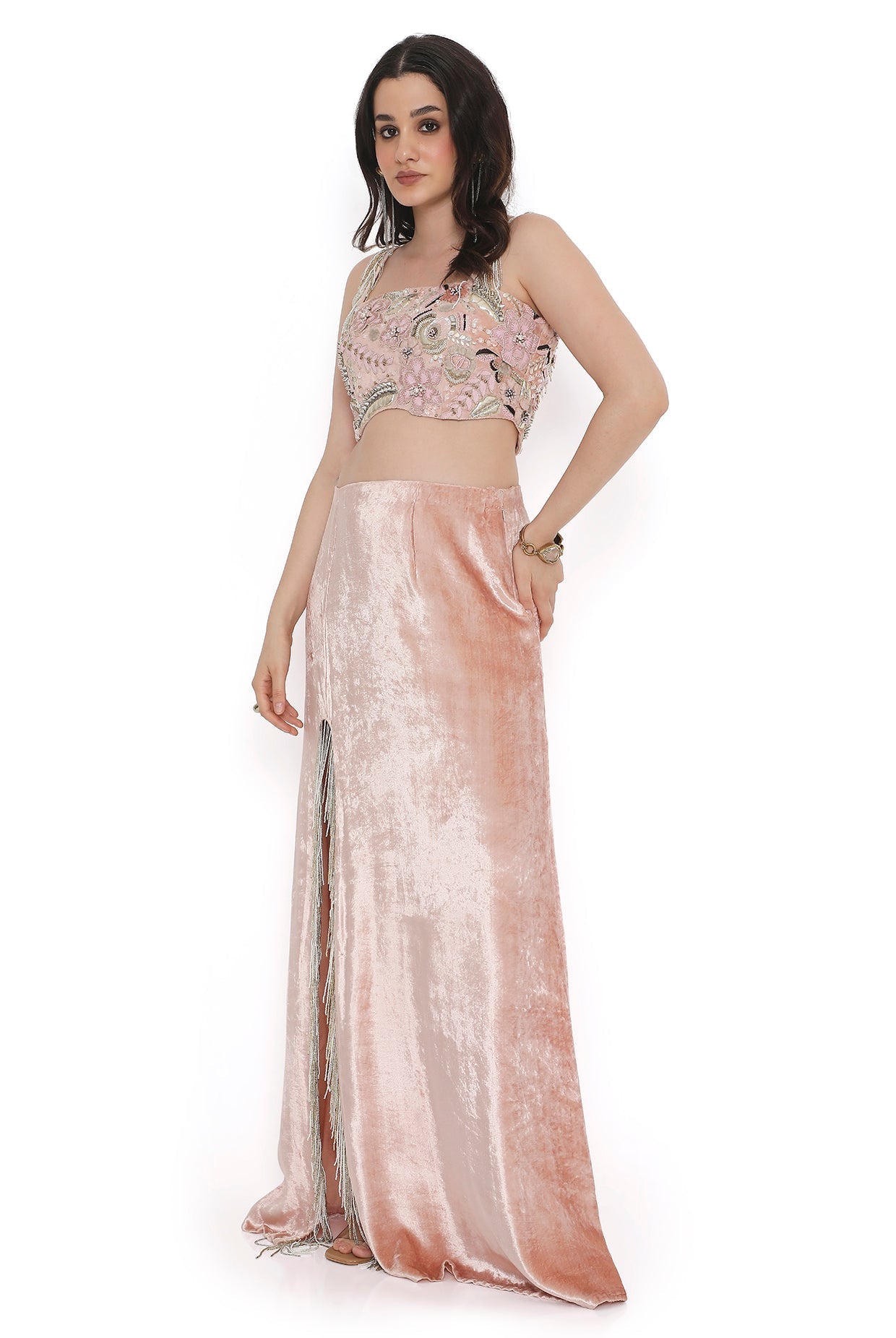 Pink Embroidered Choli With Side Slit Skirt