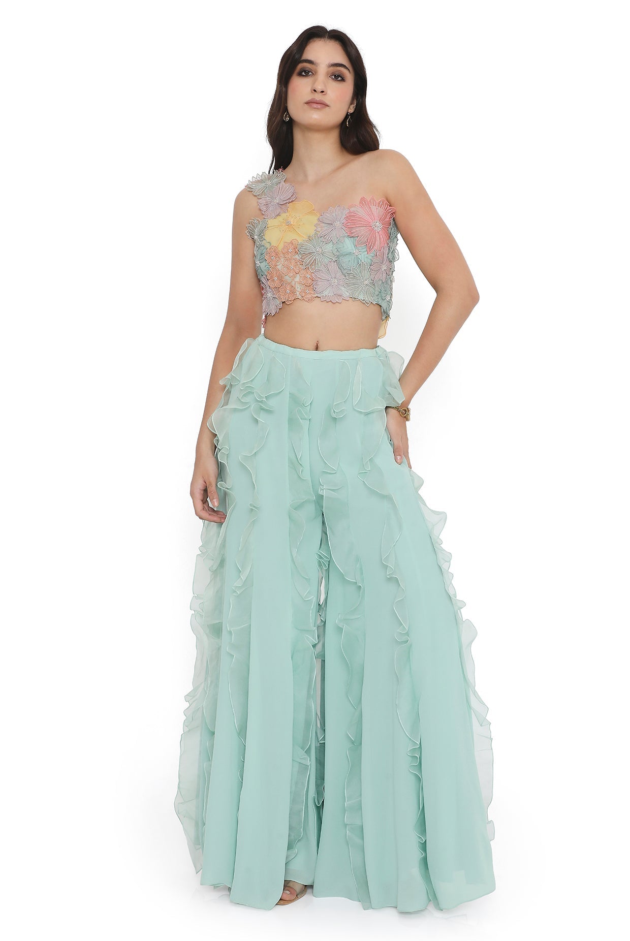 Aqua Embroidered One Shoulder Choli And Ruffled Sharara