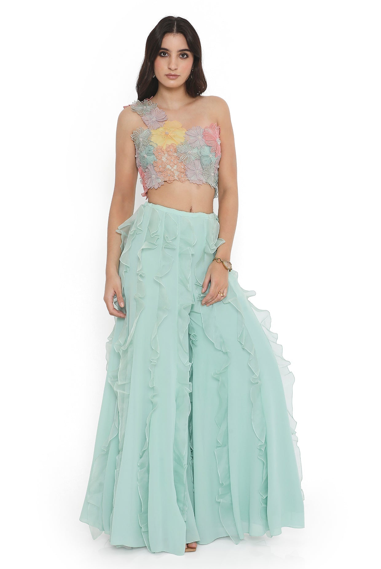 Aqua Embroidered One Shoulder Choli And Ruffled Sharara