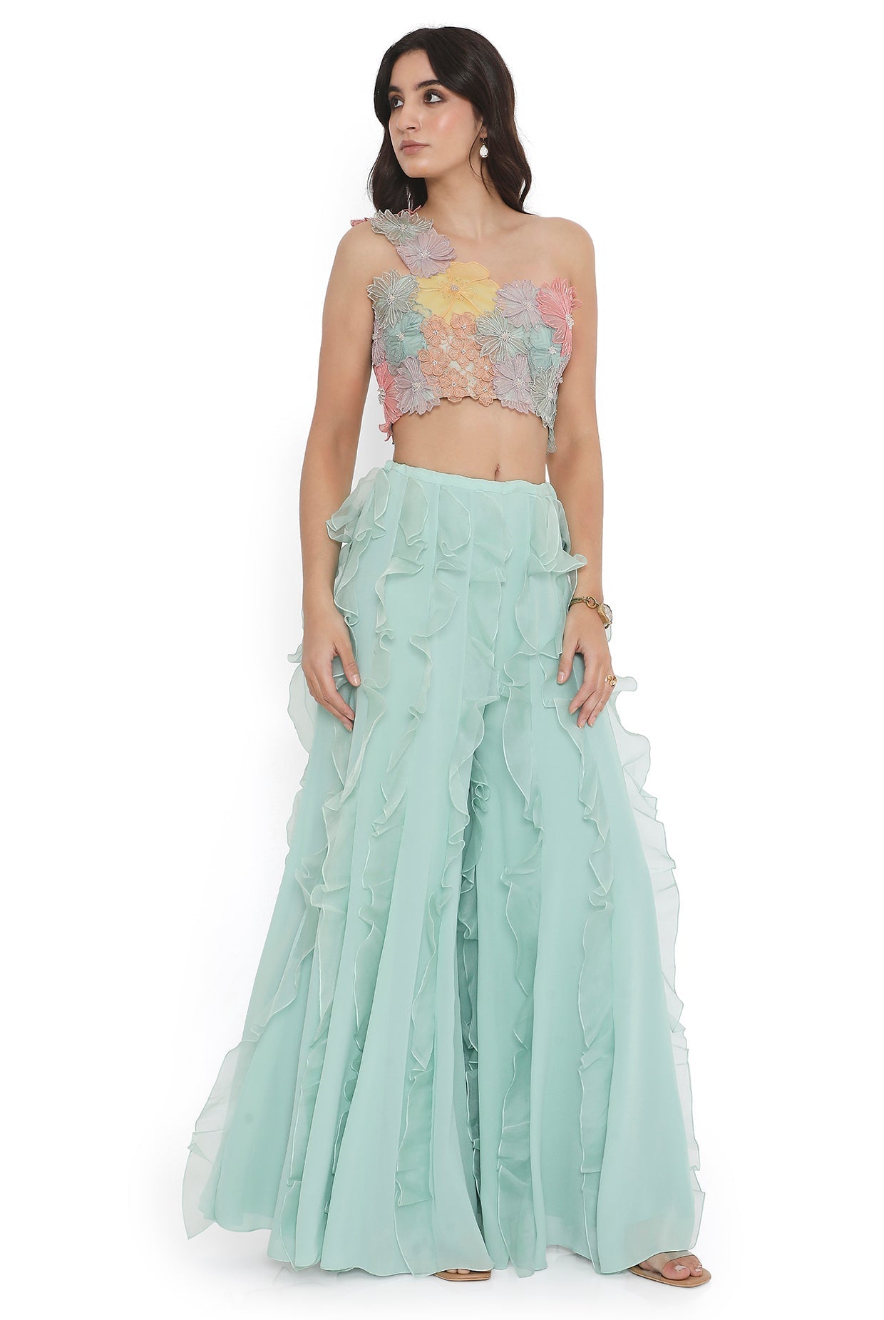 Aqua Embroidered One Shoulder Choli And Ruffled Sharara
