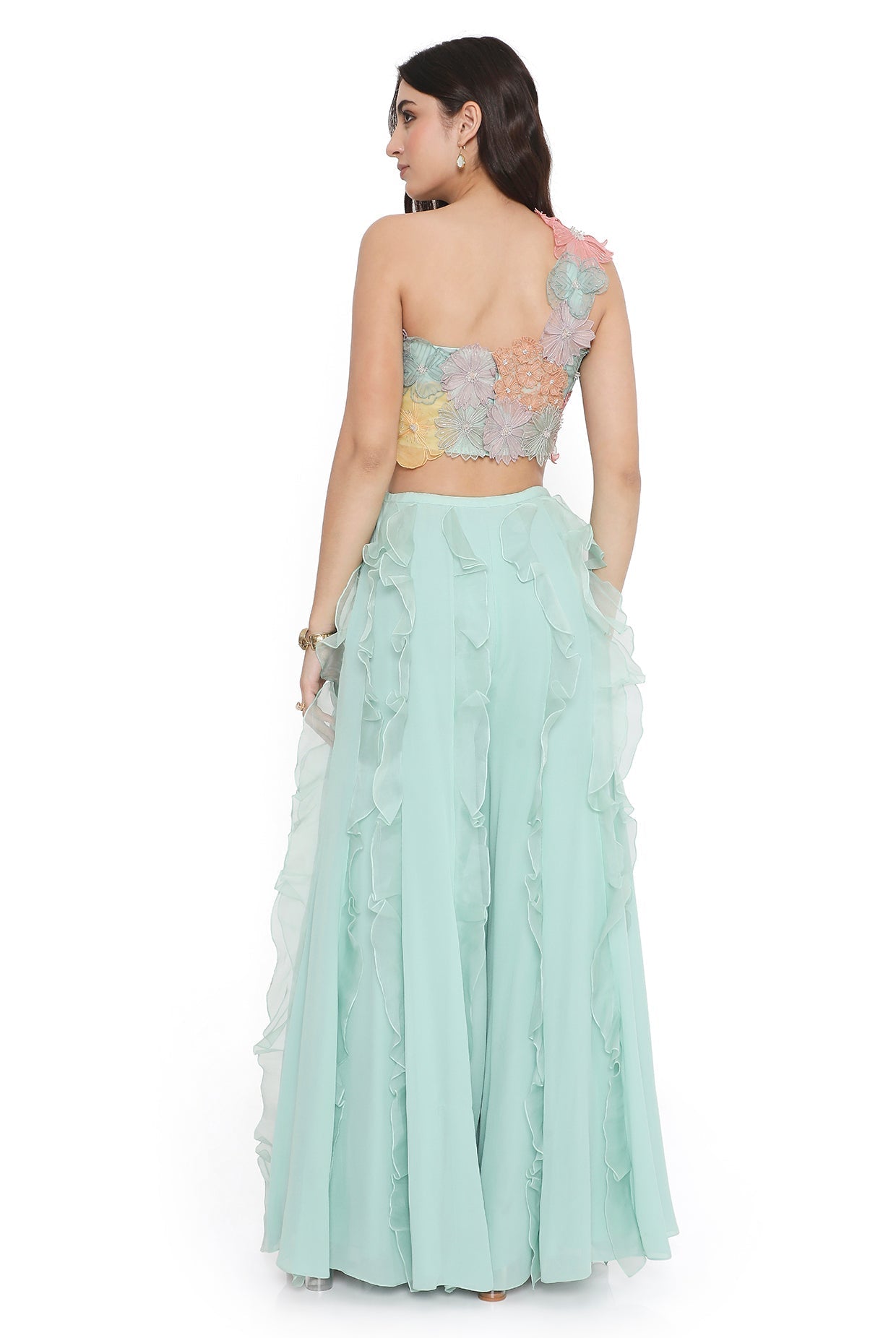 Aqua Embroidered One Shoulder Choli And Ruffled Sharara