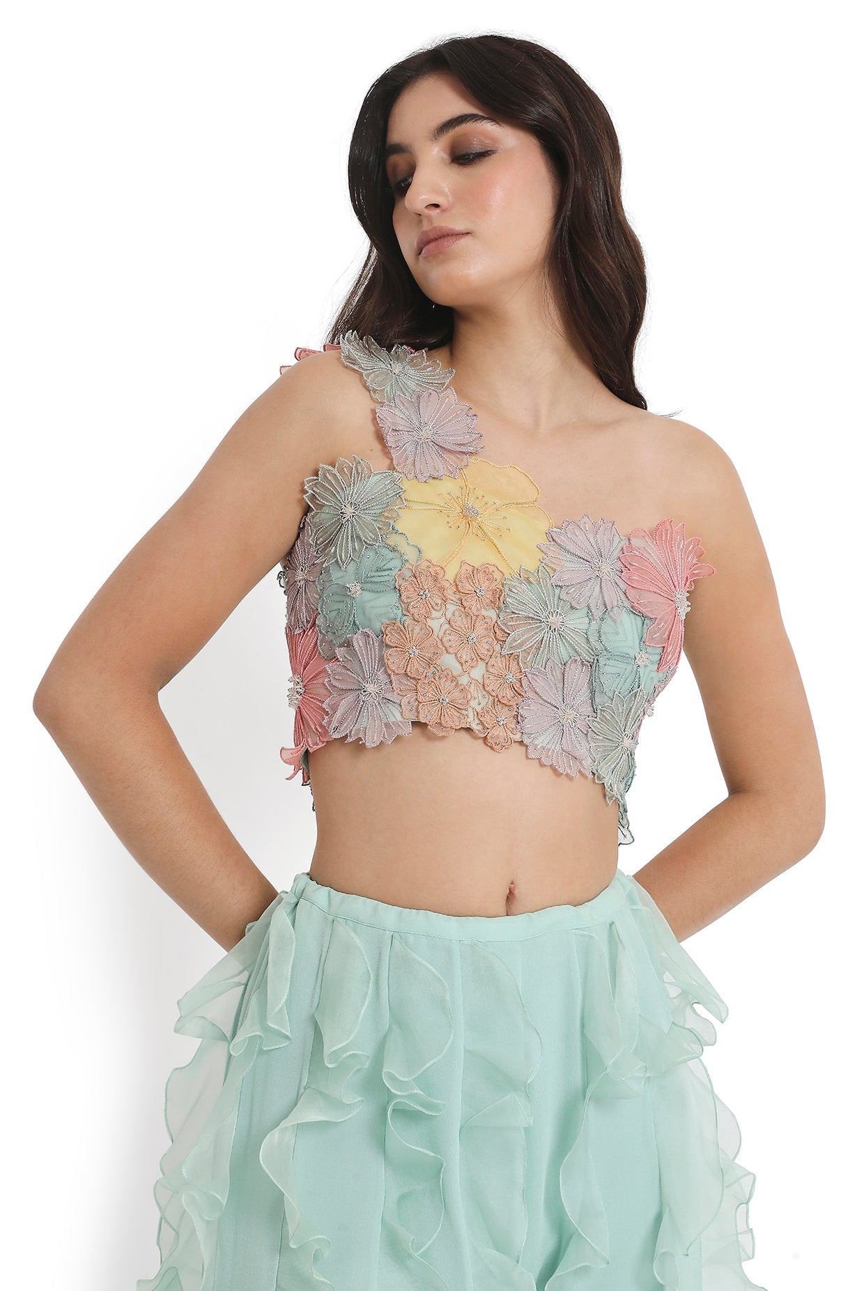 Aqua Embroidered One Shoulder Choli And Ruffled Sharara
