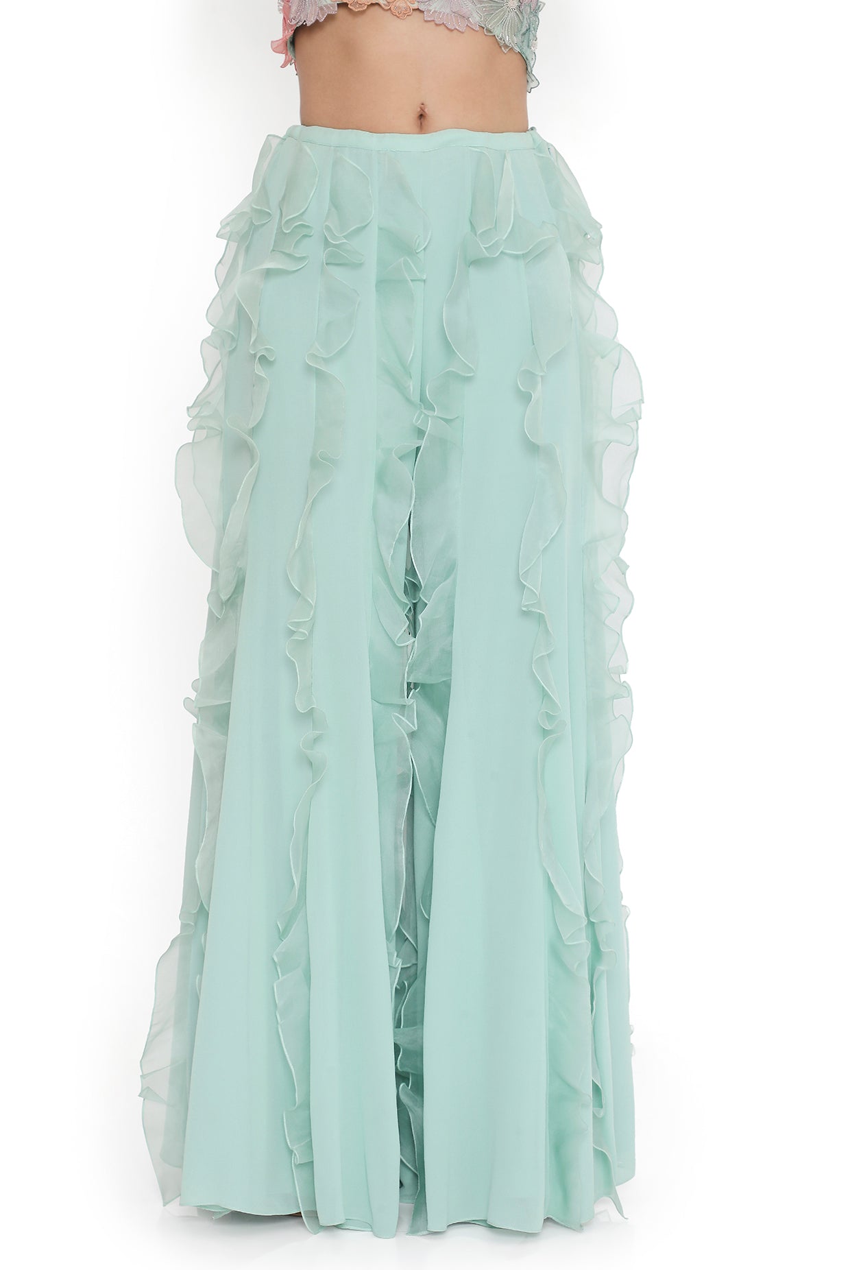 Aqua Embroidered One Shoulder Choli And Ruffled Sharara