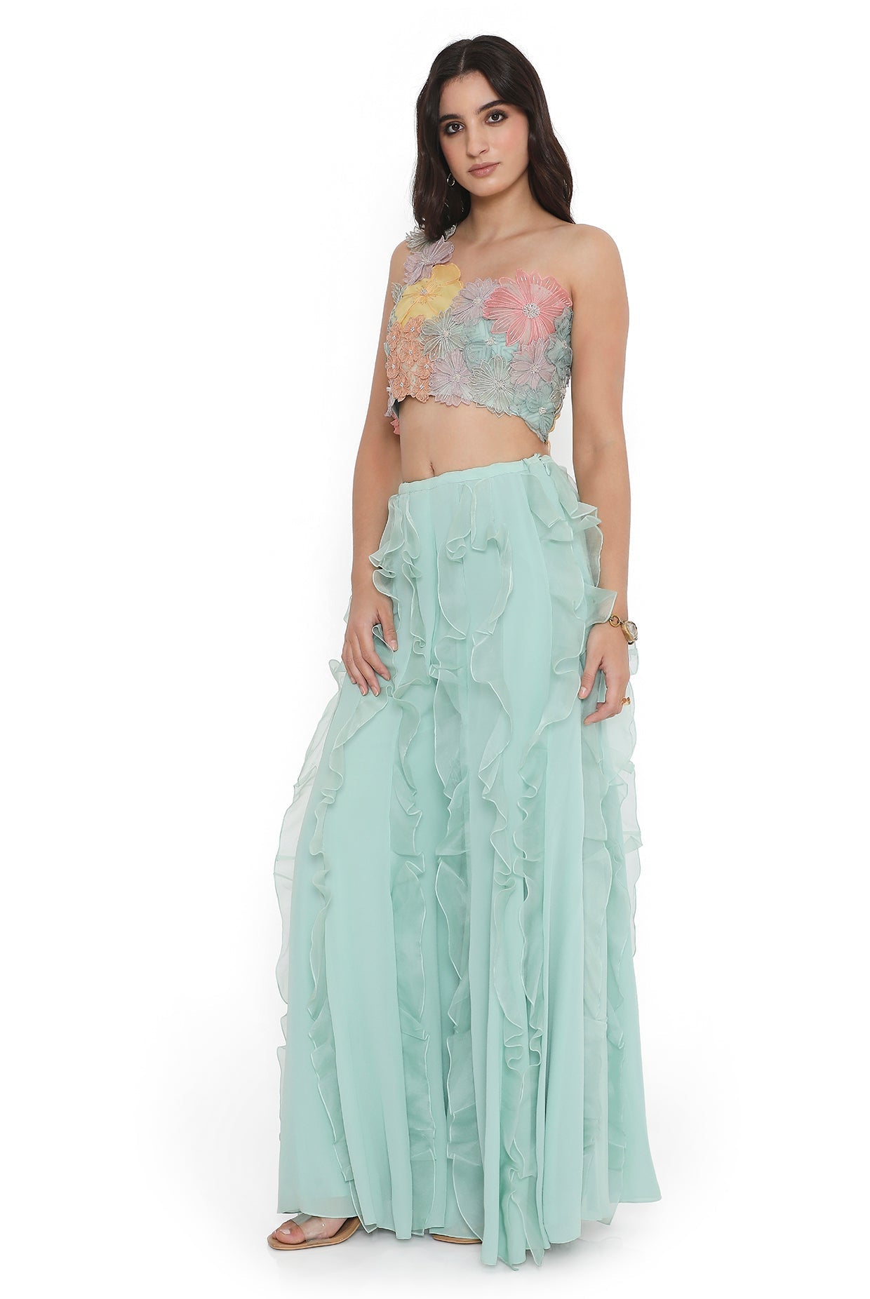 Aqua Embroidered One Shoulder Choli And Ruffled Sharara