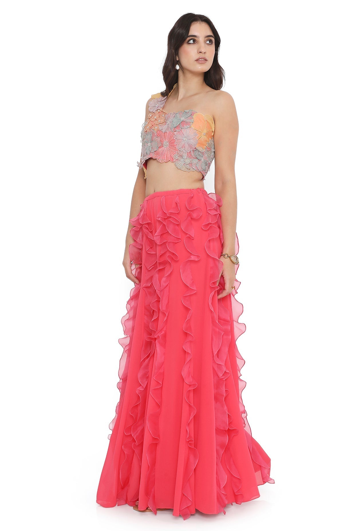 Hot Pink Embroidered Choli With Ruffled Sharara